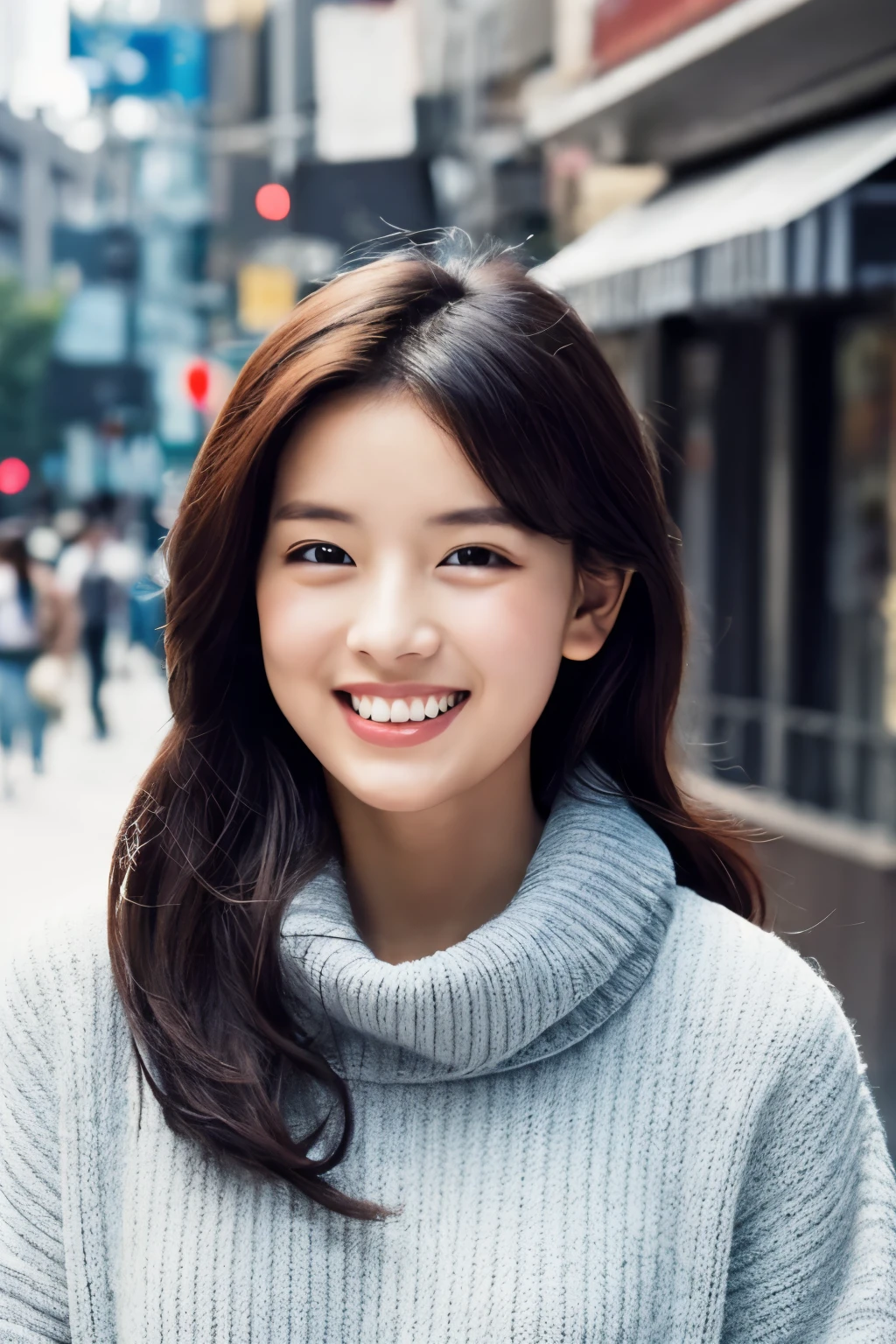 The face of the hostess、turtleneck wool sweater、hiquality、A hyper-realistic、healthy、Smiling expression、Slender perfect figure、Japan Beauty、 perfect  eyes、Beautiful skin、The upper part of the body、Snowy city