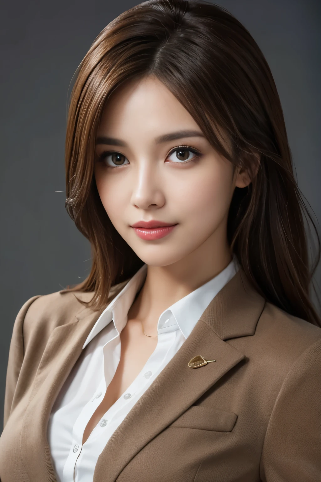 table top, highest quality, realistic, super detailed, finely, High resolution, 8k wallpaper, 1 beautiful woman,, light brown messy hair, wearing a business suit, sharp focus, perfect dynamic composition, detailed and beautiful eyes, fine hair, Detailed and realistic skin texture, smile, close-up portrait, model body shape