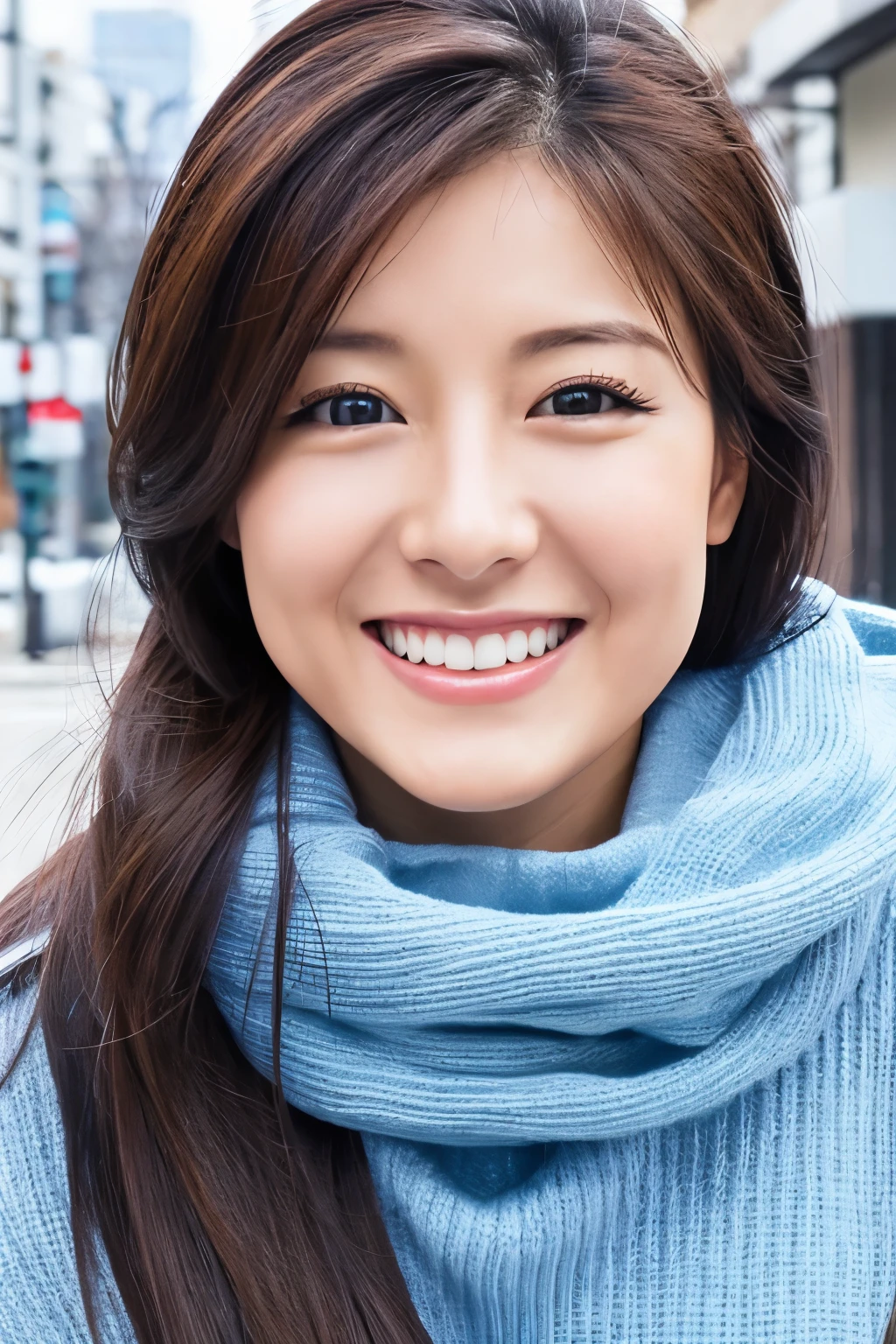 The face of the hostess、turtleneck wool sweater、hiquality、A hyper-realistic、healthy、Smiling expression、Slender perfect figure、Japan Beauty、 perfect  eyes、Beautiful skin、The upper part of the body、Snowy city