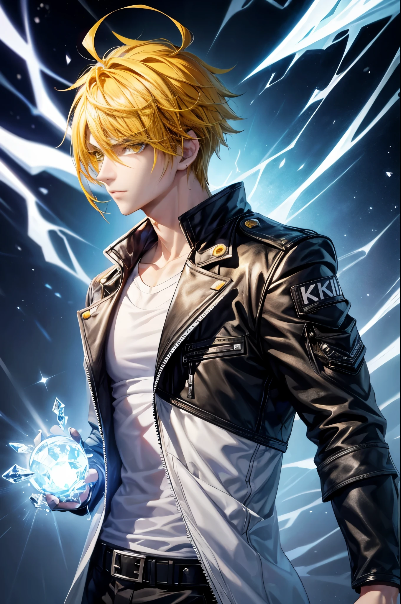 1boy,soft face,confident,young adult,wearing a black jacket, blue ice energy all around, ice, blizzard, (yellow eyes), ((yellow hair)),short messy unkept hair, highest quality digital art, Stunning art, wallpaper 4k, highly detailed,BREAK, (anime style), epic