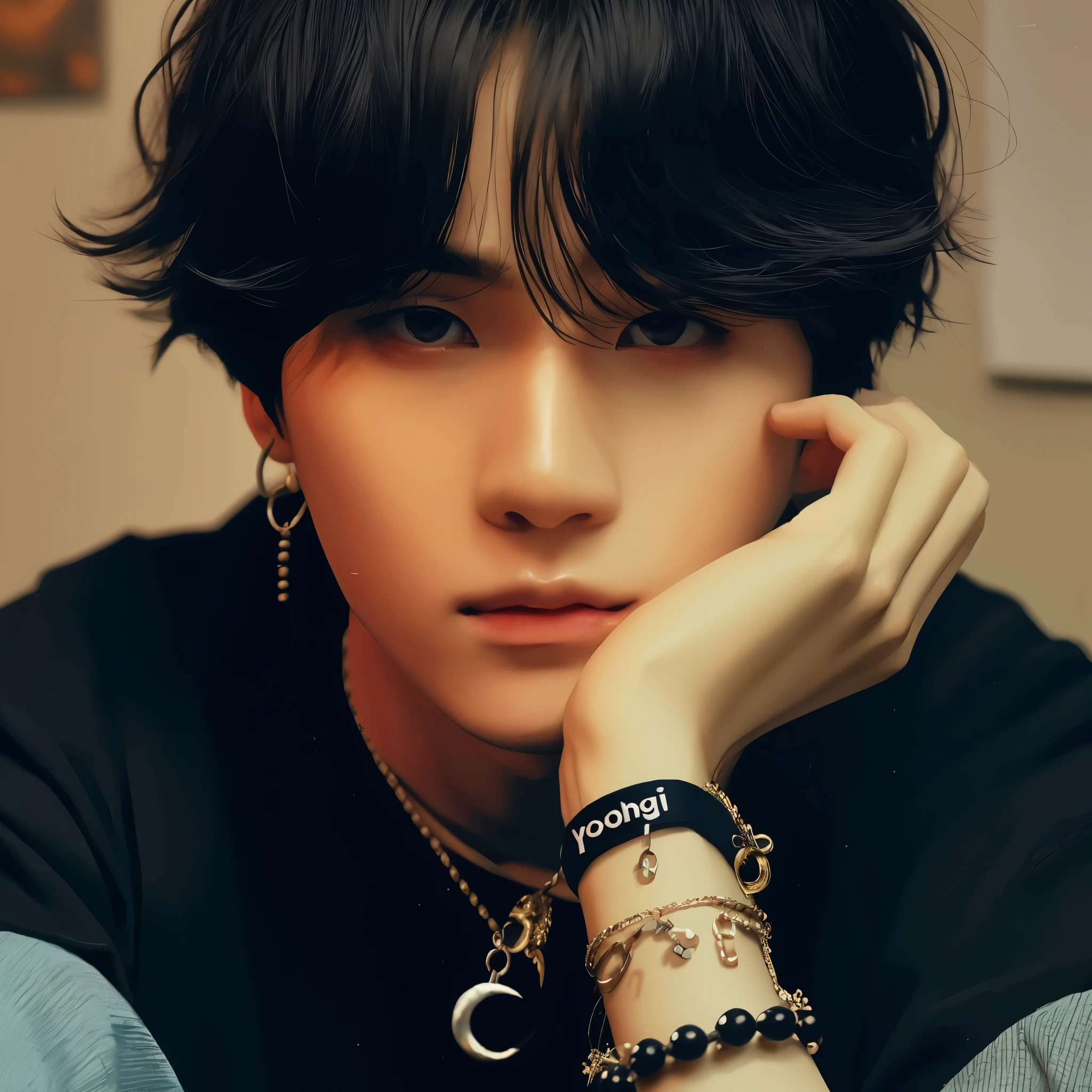 Hombre arafed con camisa negra, pulsera y reloj., cai xukun, jinyoung shin, yoongi de pelo negro, inspirado en jeonseok lee, Inspirado por Bian Shoumin, hyung tae, Kpop idol portrait, yanjun chengt, kim taejin, hong junio hyung, retrato, inspirado en Yanjun Cheng, key still, kim doyoung, Suga bts, kpop boy
