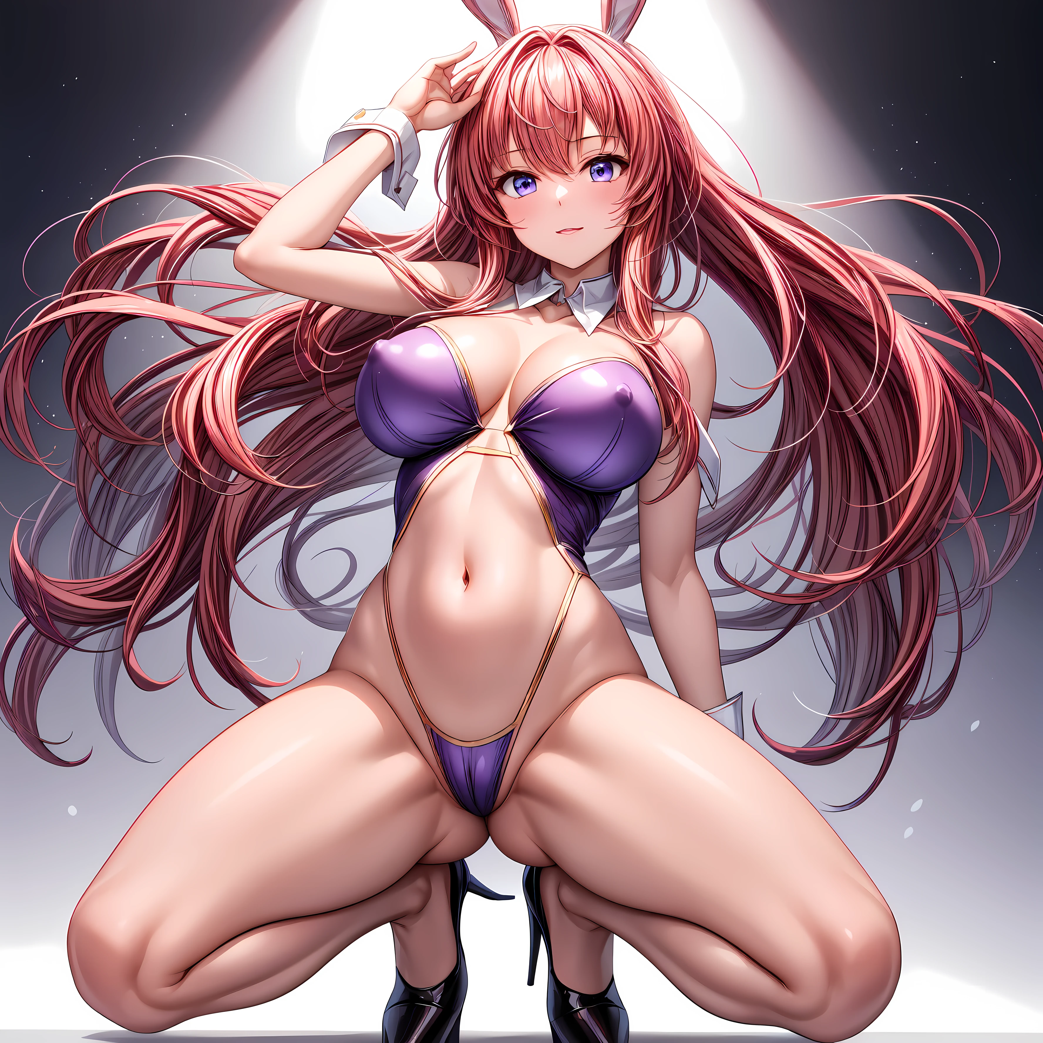 masterpiece, highest quality,beautiful eyes, beautiful hair, beautiful face, beautiful skin, alone, 1 girl, erect nipples, anime girl, (whole body), winding, beautiful breasts,shiny skin,shining eyes, smooth skin, glowing skin, soft skin, shiny skin, (Purple high leg bunny girl with no decorations on the shoulders, neck and stomach.)、side boob, cleavage, barefoot, (Belly button only:1.3), high heels, pink hair, naked neck, bare shoulders, bare clavicle