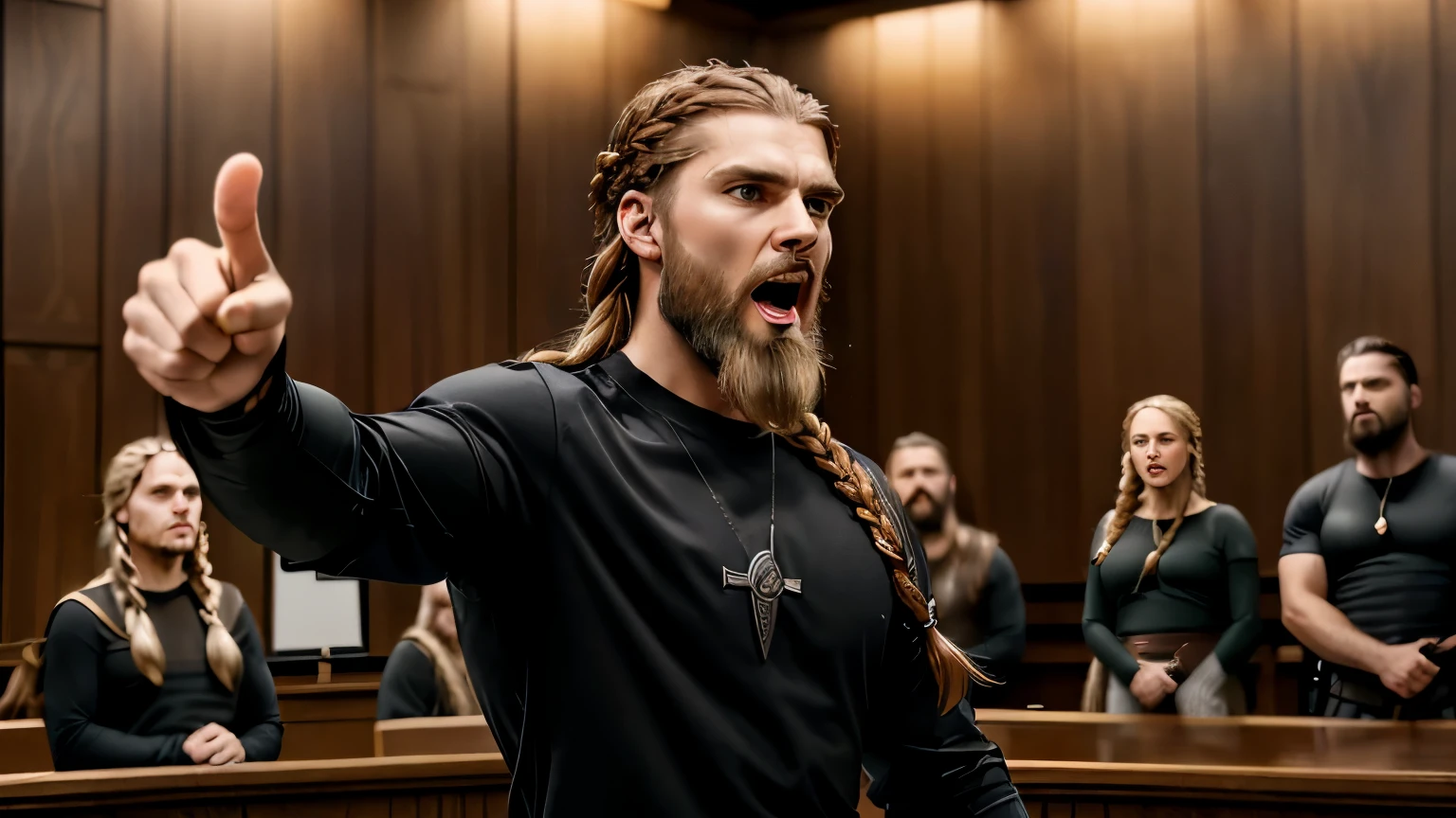 1 male, 27 years old, (long Viking-style braided hair:1.3), Viking beard, wearing a (black long-sleeve tee:1.1), (Mexican descent:1.1), dark-brown hair, fit, athletic, thick eyebrows, looking right, (pointing to the right:1.3), open mouth, screaming, yelling, upset, courtroom backdrop