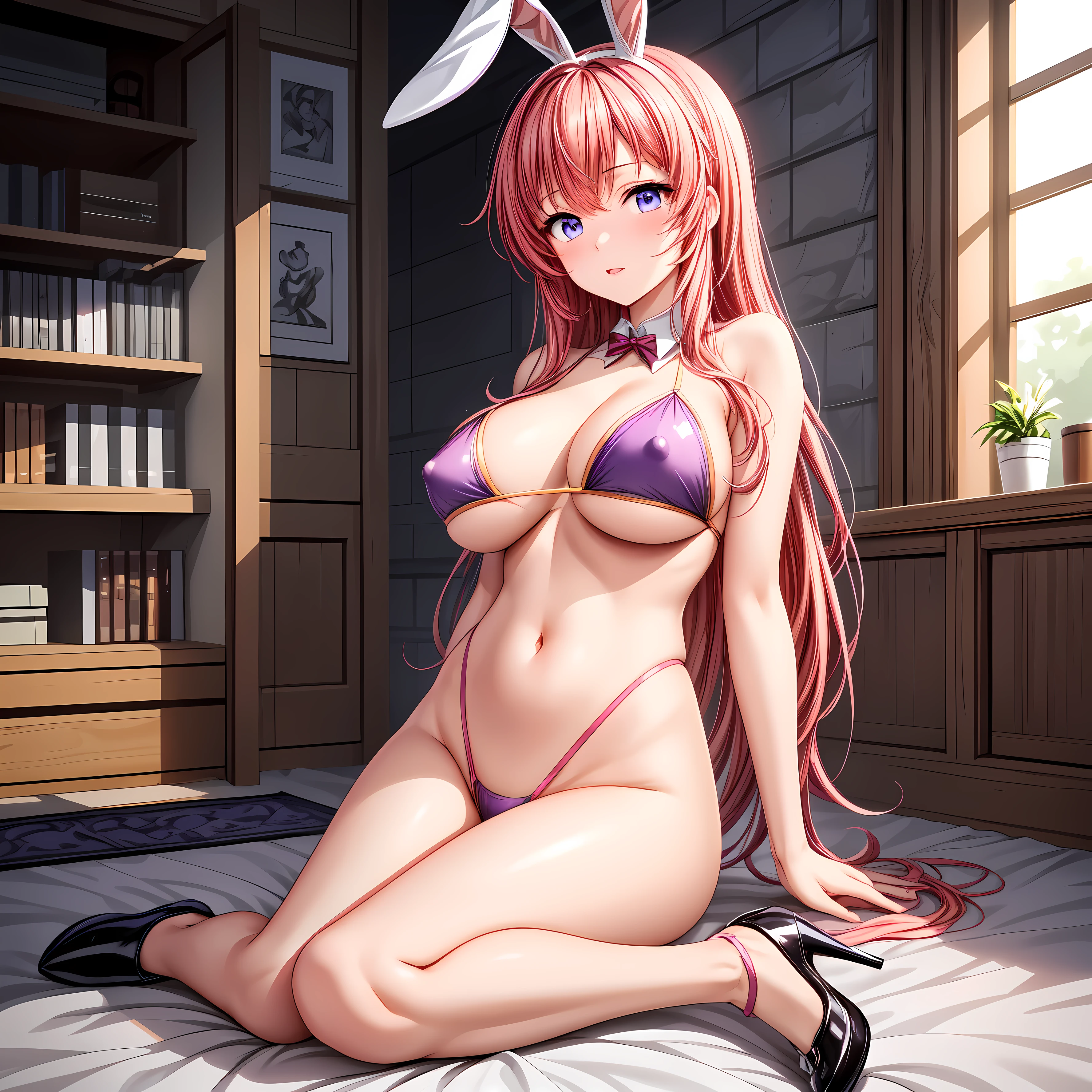 masterpiece, highest quality,beautiful eyes, beautiful hair, beautiful face, beautiful skin, alone, 1 girl, erect nipples, anime girl, (whole body), winding, beautiful breasts,shiny skin,shining eyes, smooth skin, glowing skin, soft skin, shiny skin, (Purple high leg bunny girl with no decorations on the shoulders, neck and stomach.)、side boob, cleavage, barefoot, (Belly button only:1.3), high heels, pink hair, naked neck, bare shoulders, bare clavicle