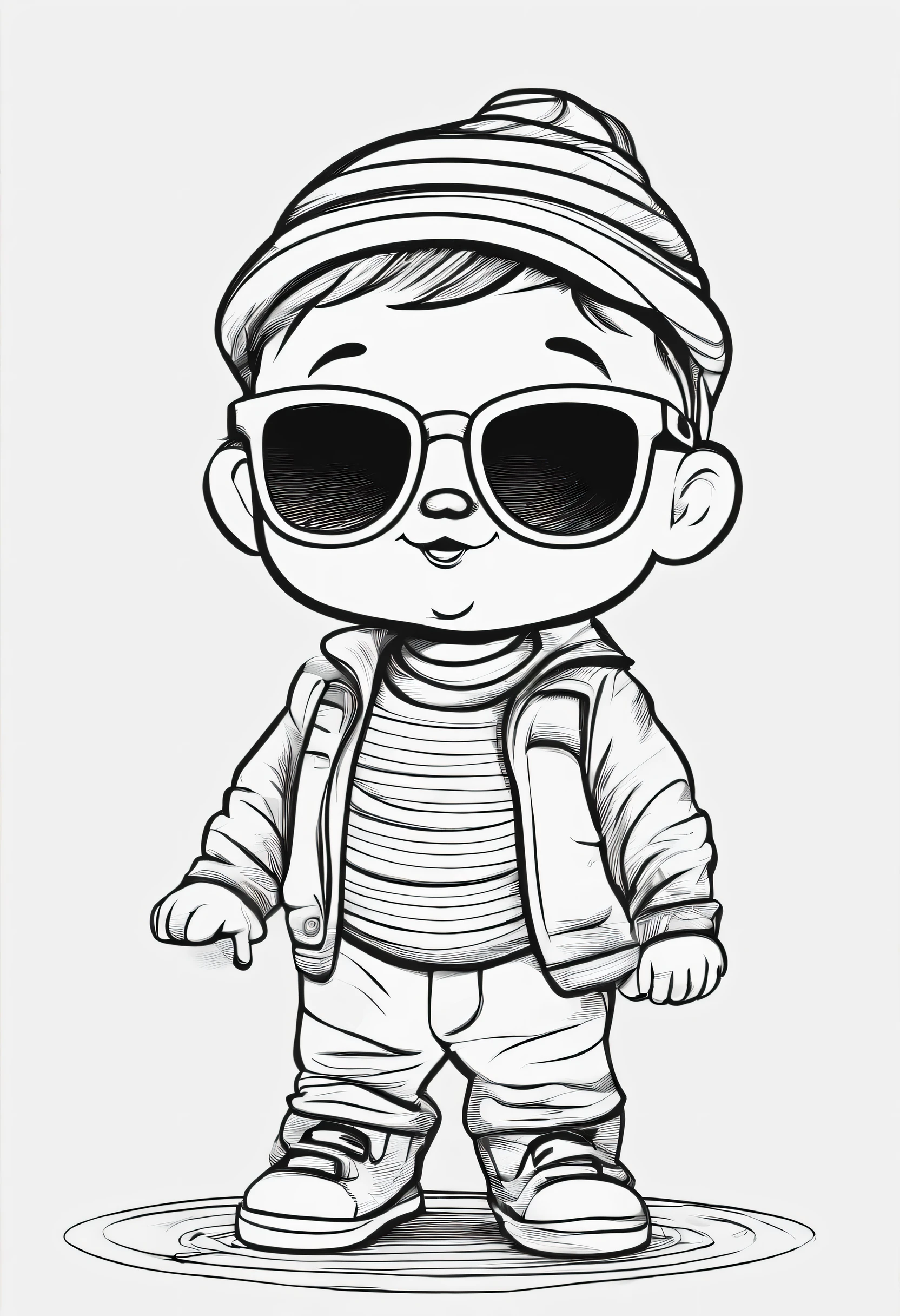 a cute with shades, line art, cartoon character, 3D style, high quality, coloring book, hand-drawn, line art