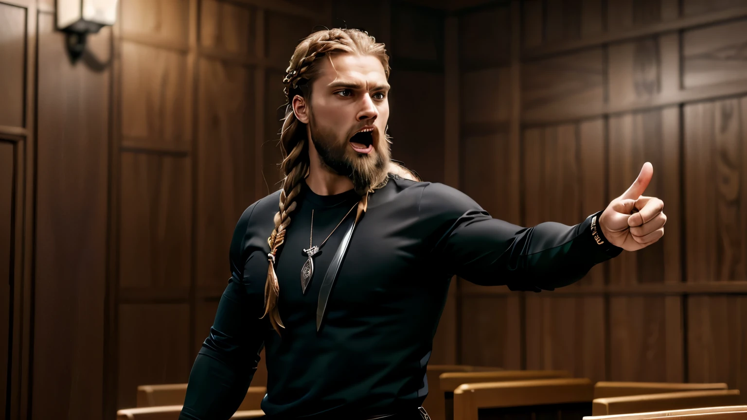 1 male, 27 years old, (long Viking-style braided hair:1.3), Viking beard, wearing a (black long-sleeve tee:1.1), (Mexican descent:1.1), dark-brown hair, fit, athletic, thick eyebrows, looking right, (pointing to the right:1.3), open mouth, screaming, yelling, upset, courtroom backdrop