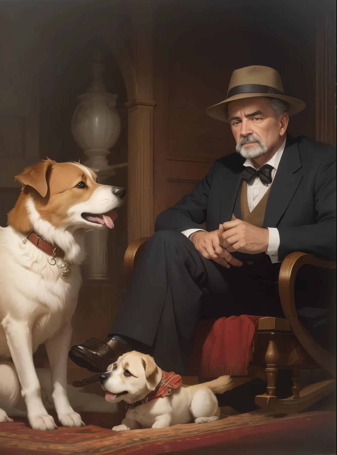 A man sits in a rocking chair with a dog, Daniel Gelon, Portrait shot, Etienne Delessert, handsome, Close portrait, by John La Gatta, Gentlemen, Marshall Arisman, by Aleksander Kotsis, photo more, Classic portrait, high quality portrait, portrait photography, portrait in the middle of the shot