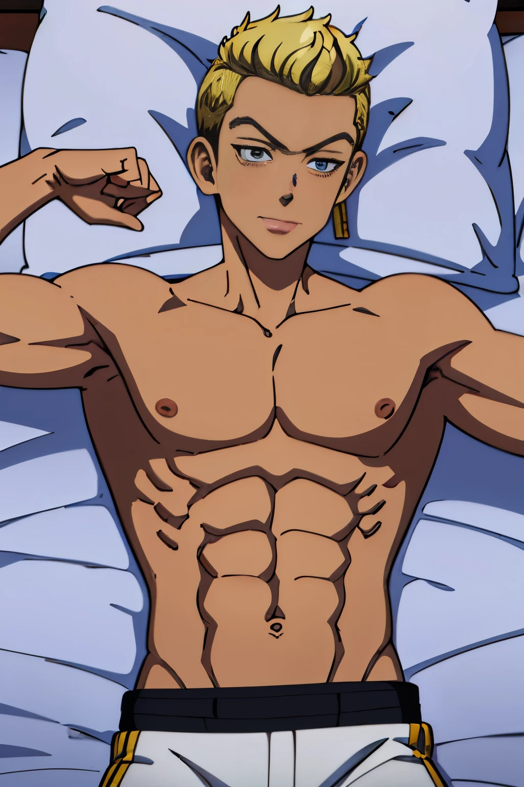 Highres, Masterpiece, Best quality at best,Best Quality,hight quality, hight detailed, anime style, (1 boy), tetta, blonde hair、Allback、Men with short hair, (showing his muscle), (shirtless, topless, bare chest), without cloth, lying on bed