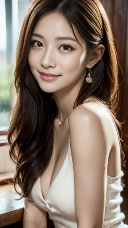 (8k, RAW photograph, highest quality, masterpiece:1.3),(Genuine,photograph:1.37),(Looking at the audience:1.331),Pause,One girl,とてもbeautiful顔,small,Hair weight,Fluffy hair,Random representation,Smile with the corners of your mouth,Big eyes,highest quality Hair,((highest quality)), ((masterpiece)), (detailed), whole body、wallpaper、Attention to detail、Perfect balance、Tight waist、Chestnut Hair、beautiful, Beautiful Skin、beautiful white skin、Russian Beauty、(masterpiece:1.3), 一眼レフphotograph、Best image quality: 1.4, (Rough long hairstyle:1.2)、Soft bust、Cleavage:1.4、Loose-fitting clothing