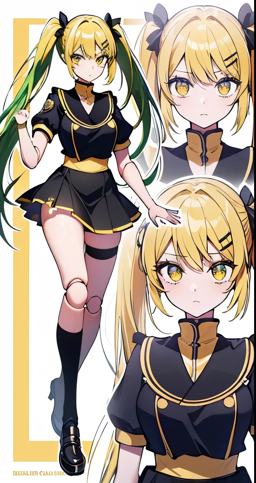((Beautiful Beautiful Girl)),(yellow cute eyes), 1  and slender woman, degree々big breasts, ((yellow green color hair)),((Half  long twin tail Hair)),In 8K, top quality, (highly detailed head: 1.0), (very detailed face: 1.0), (highly detailed hair: 1.0),((Black military uniform style short sleeve mini skirt dress costume)), Detailed official artwork, clean detailed anime art,((A cheeky young lady face)),((Doll joints))