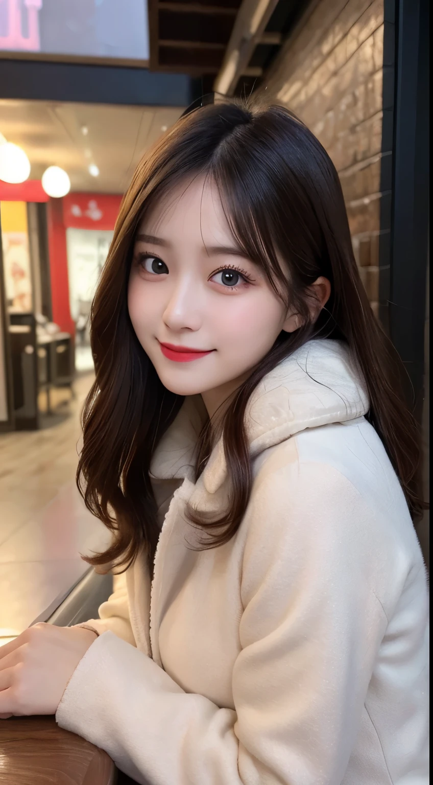table top, highest quality, shape, Super detailed, finely, High resolution, 8k wallpaper, 完璧なダイナミックな構shape, beautiful and detailed eyes, luxury mink coat（long sleeve dresedium hair, small breasts, natural color lip, random sexy pose,smile,big city、20 year old girl、midnight、beautiful and detailed face、perfect and beautiful face,Big eyes、real photos（Highest image quality）、Shoot from below the knee