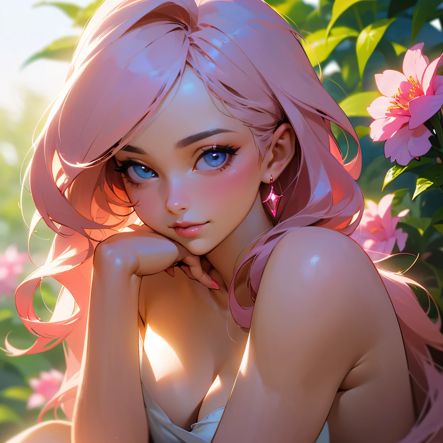 (best quality,ultra-detailed),(realistic:1.37),HDR,UHD,studio lighting,vivid colors,bokeh,illustration,concept artists,portraits,extremely detailed face,feminine,tall girl,captivating smile,graceful pose,enchanting eyes,soft skin,pink lips,flowing locks of hair,lightly tousled hair,long eyelashes,beautiful detailed eyes,beautiful detailed lips,seductive gaze,glowing complexion,powerful aura,flawless features,playful expression,svelte figure,fit and toned physique,dainty hands and fingers,delicate curves,smooth and sculpted legs,rosy cheeks,ethereal beauty,sophisticated charm,alluring presence,enticing personality,lush garden background with colorful flowers and foliage,soft natural lighting,gentle breeze,subtle shadows,serene atmosphere.