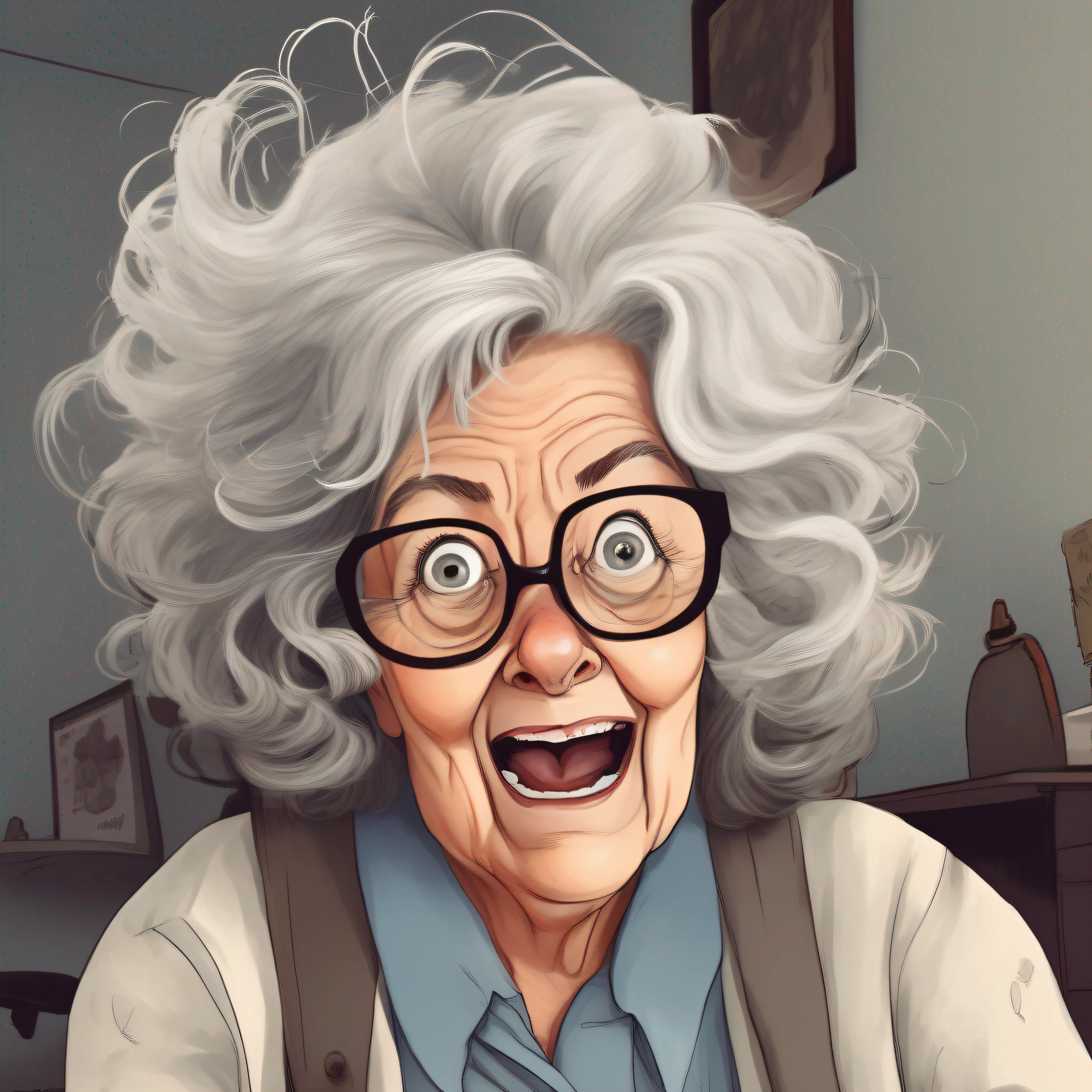 Caricatura de uma mulher de 75 anos, cabelos grisalhos, glasses and an insane appearance, colheita ridiculamente grande de cabelo rebelde e descontrolado