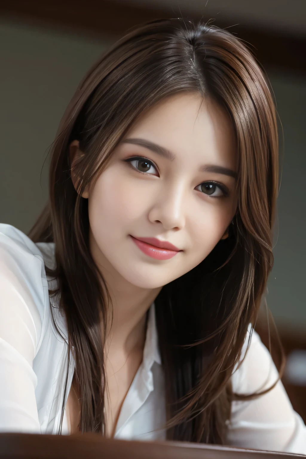 table top, highest quality, realistic, Super detailed, finely, High resolution, 8k wallpaper, 1 beautiful woman,, light brown messy hair, wearing a business suit, sharp focus, perfect dynamic composition, finelyて美しい目, thin hair, Detailed and realistic skin texture, smile, close-up portrait, model body shape