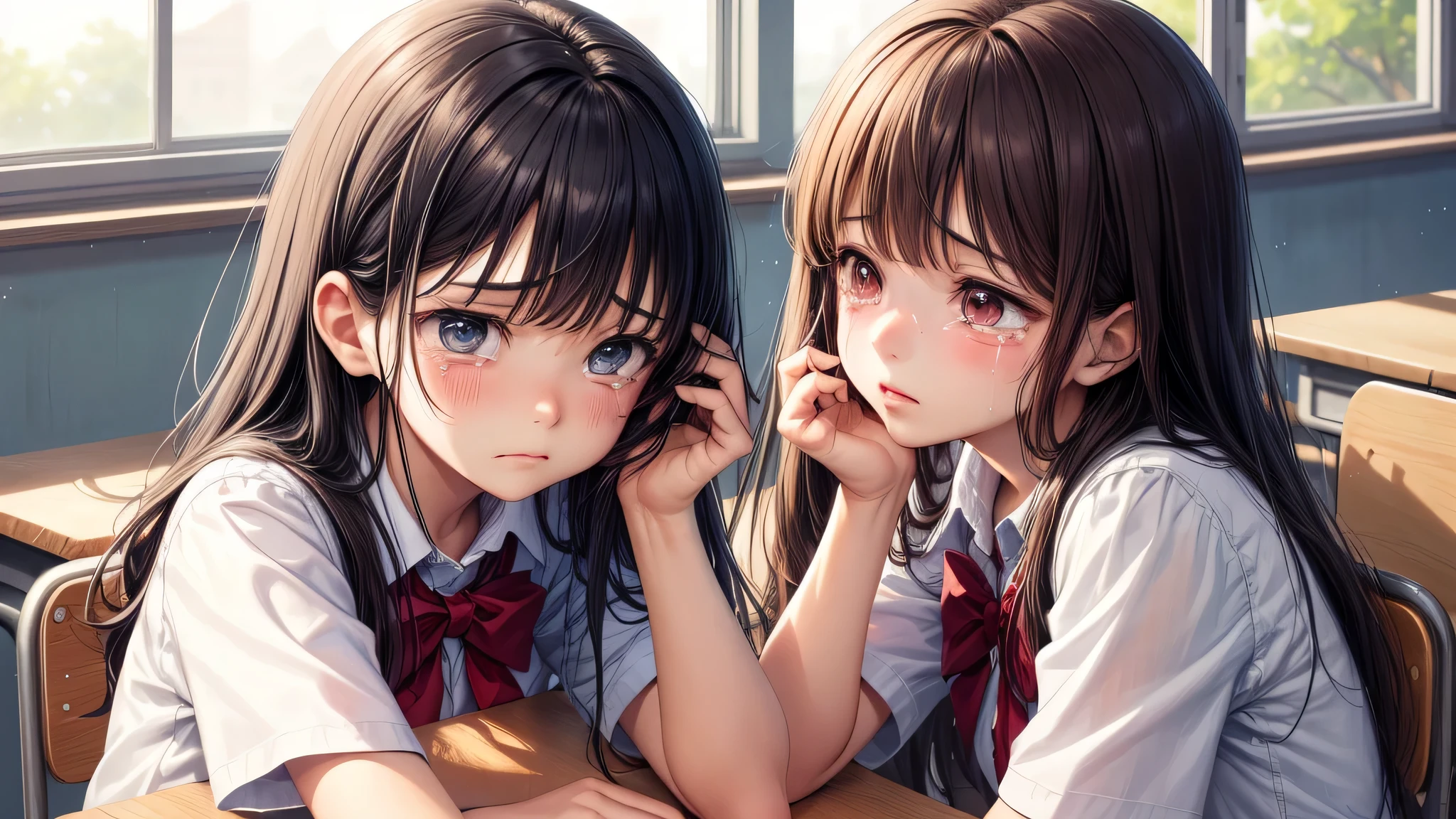 SFW, (Obra maestra) (high resolution illustration), Two girls hugging and kissing passionately., (sonrojo de amor) Rubor floreciendo en sus mejillas, (hermoso) Hermoso features, (rubio y negro) Pelos rubio corto y negro largo, (Ojos verdas) Ojos ligeramente abiertos daydreaming, (Lindo y encantador) lindopar, (entorno escolar) Ropa en la clase, (Pizarra verde con notas al fondo) Tab