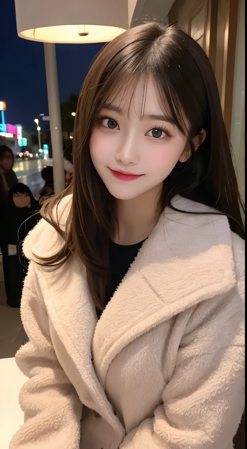 table top, highest quality, shape, Super detailed, finely, High resolution, 8k wallpaper, 完璧なダイナミックな構shape, beautiful and detailed eyes, luxury mink coat（long sleeve dresedium hair, small breasts, natural color lip, random sexy pose,smile,big city、20 year old girl、midnight、beautiful and detailed face、perfect and beautiful face,Big eyes、real photos（Highest image quality）、Shoot from below the knees toward the face