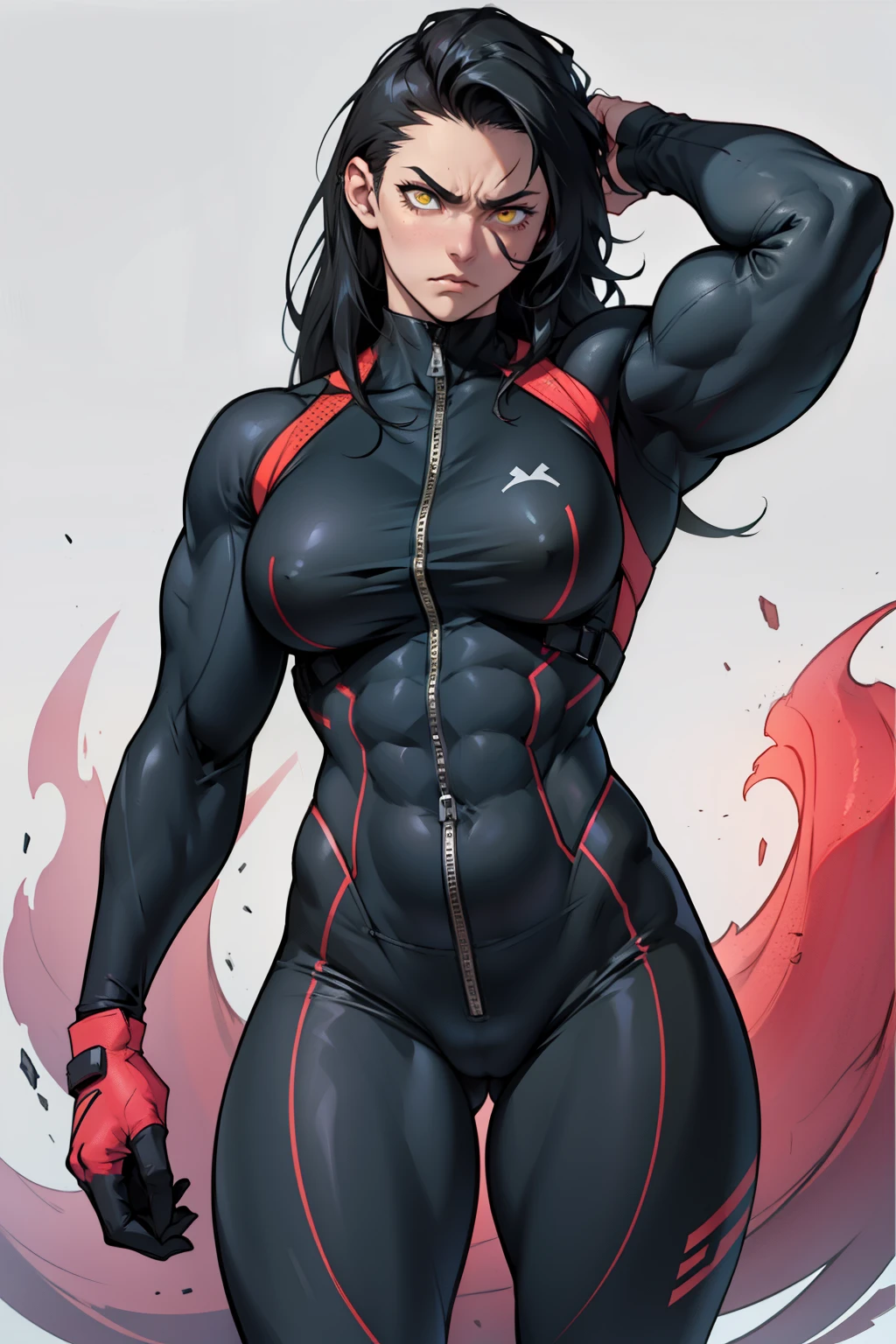 ((((girl muscular thick)))) pale skin black hair yellow eyes massive breasts body suit toned body angry long hair