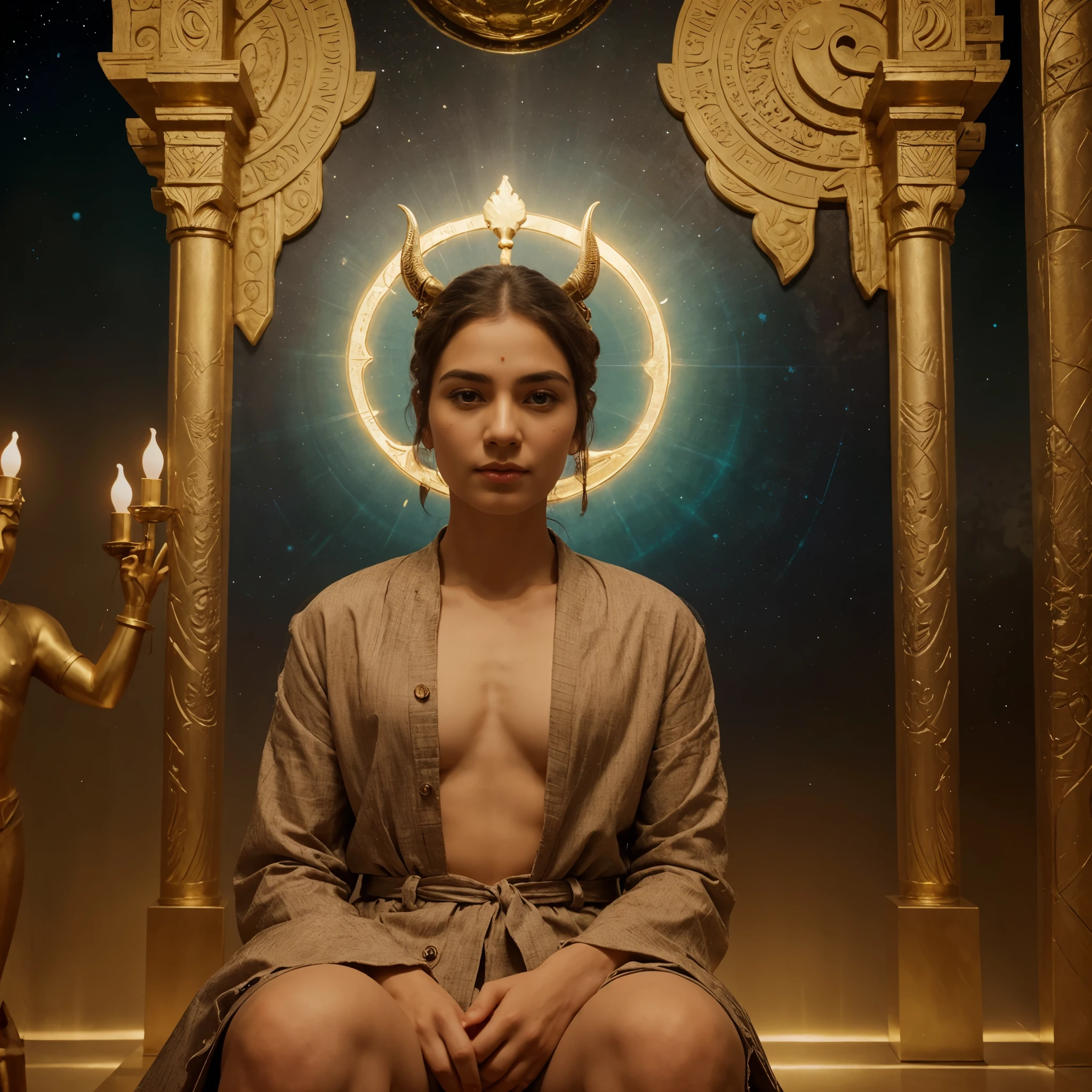 Nanna, the Sumerian moon god, seated in his intricately decorated temple, holds a crescent moon alight with bioluminescent energy in his hands, wearing a flowing luminous robe. The Art Deco architecture of the temple shines with gold accents, casting long, detailed shadows on the statues of other gods lining the walls. A peaceful mood envelopes the scene as Nanna slowly imparts celestial wisdom, enhanced by the radiant color palette and elaborate details inspired by Surrealism. Male god.