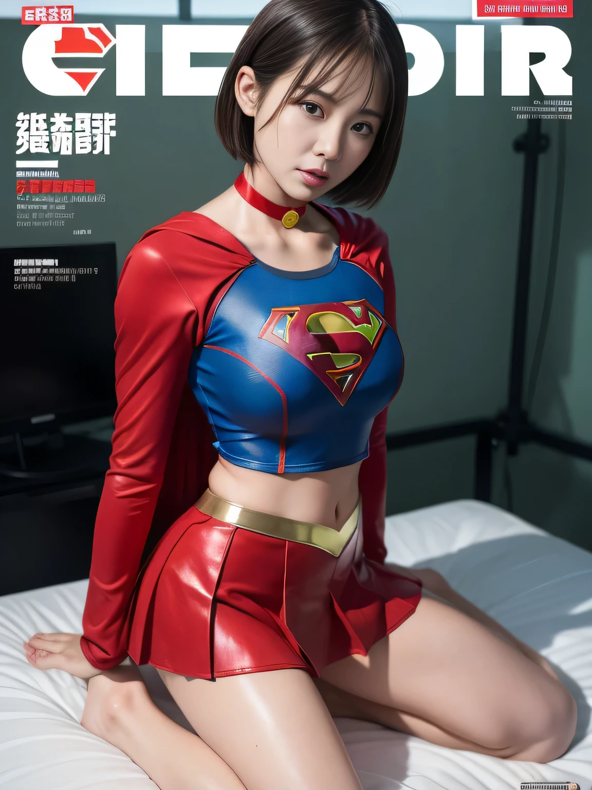 masterpiece、supergirl costume、short hair、barefoot, big and full breasts、test subject、operating room、operating table、straddle、sweating、shiny、look at the camera、sense of abuse、Estrus、choker、Weekly magazine cover、long sleeve、red mini skirt、obscene pose、Seduce、humiliating