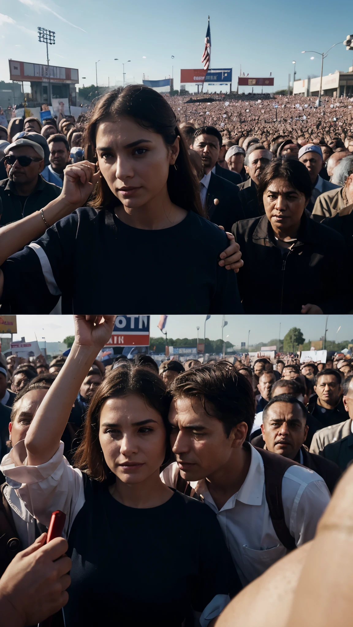 scenes of political rallies, debates, and moments of national unity, hyperealistic, cinematic, wideview, perfect face, 4k, 8k