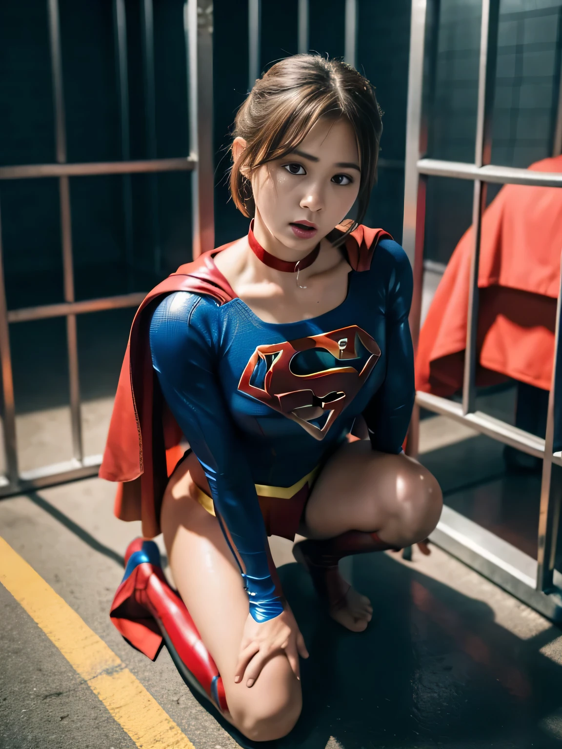 masterpiece、supergirl costume、short hair、barefoot、Big and full breast station、Crisis situation、prison、in a cage、sense of abuse、kneel down、sweaty、shiny、looking at camera、Seduce、choker、long sleeve、red sexy pose、POW camps、humiliating