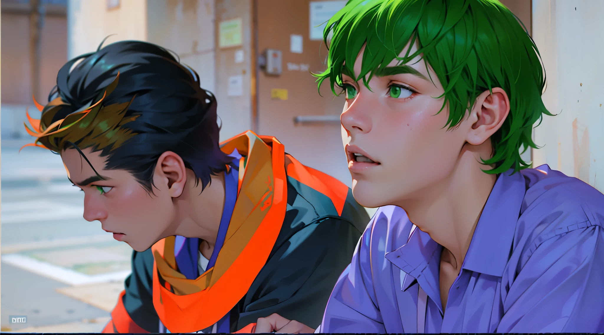 There are two boys sitting at school. They are . Green hair. Green eyes. The boy sees someone approaching.