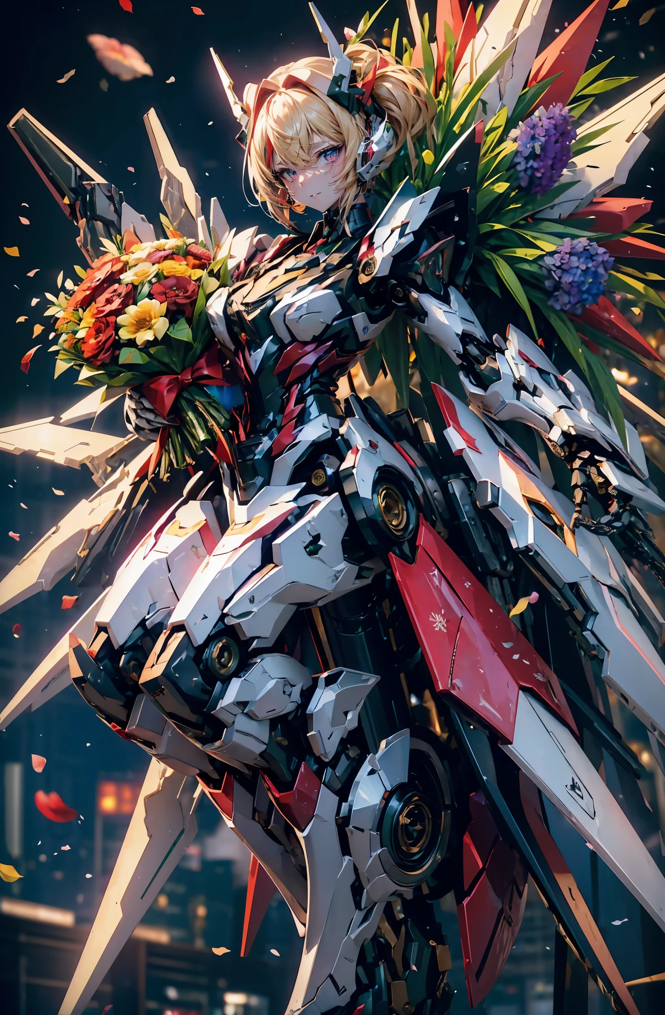 hyper quality、8K quality、High resolution、Image quality taken with a single-lens reflex camera、perfect anatomy、purple eyes、with an evil smile、mecha girl、villain、blonde、combined robot、beautiful girl、Mechanical parts with a three-dimensional feel、BREAK、(Holding a bouquet filled with colorful flowers such as red and green:1.5)