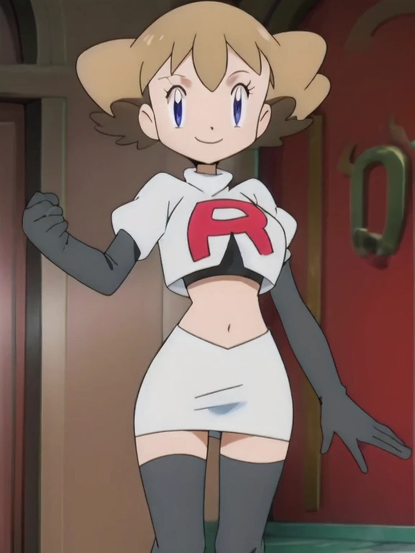 8k,1girl in, (solo:1.1), (perfect body:1.1), (best quality:1.1), very large breast, team rocket, team rocket uniform, red letter r, white skirt,white crop top,black thigh-high boots, black elbow gloves, smiling, looking down at viewer, hands on hips,zettai ryouiki,cowboy shot
