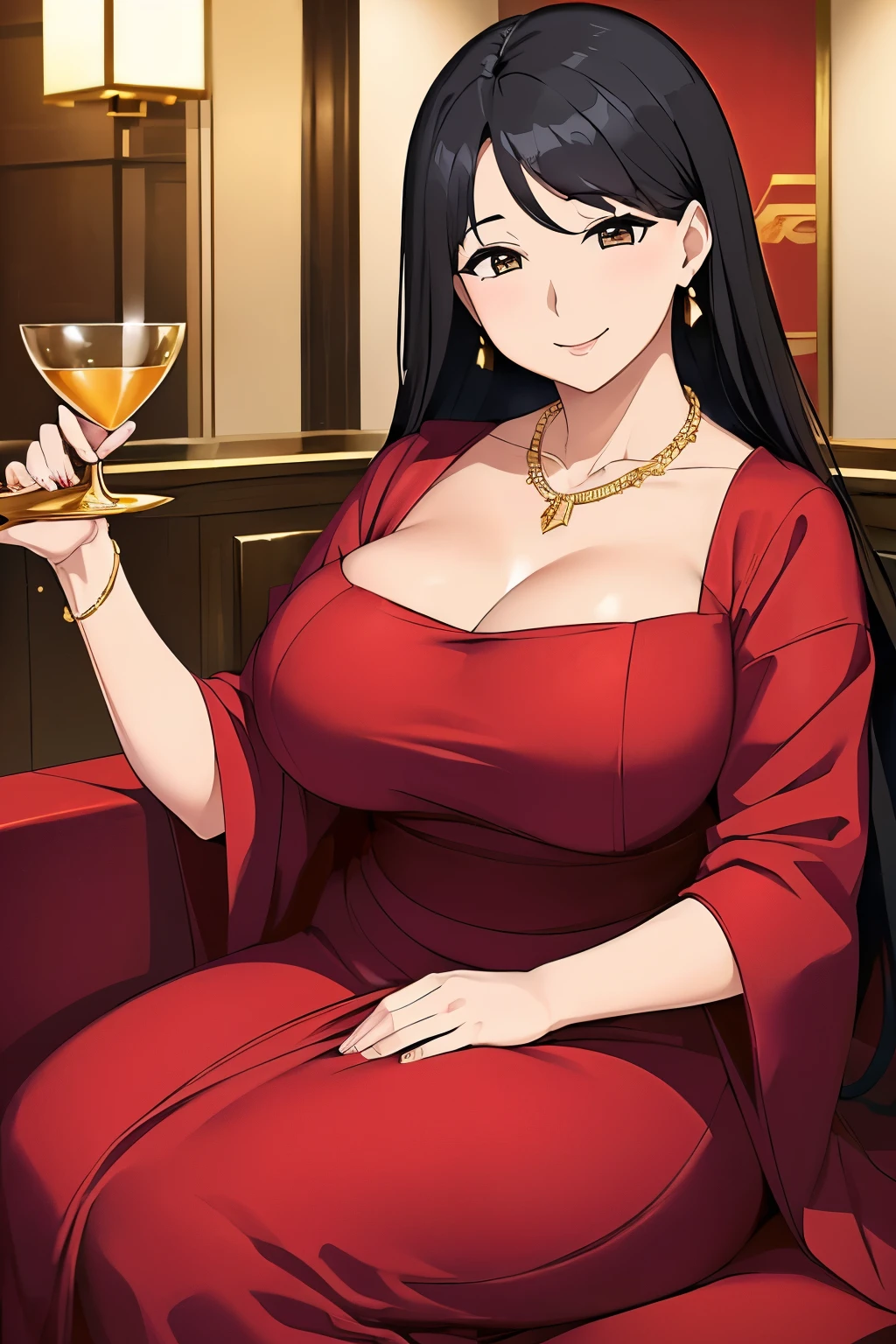 ((highest quality, masterpiece)), japanese woman、(flowing dress、gold necklace、accessories、、heavy body、smile:1.3), ((mature woman:1.5、、black hair、)), ((beautiful breasts:1.2)),Sit on the red sofa、bar、dark room