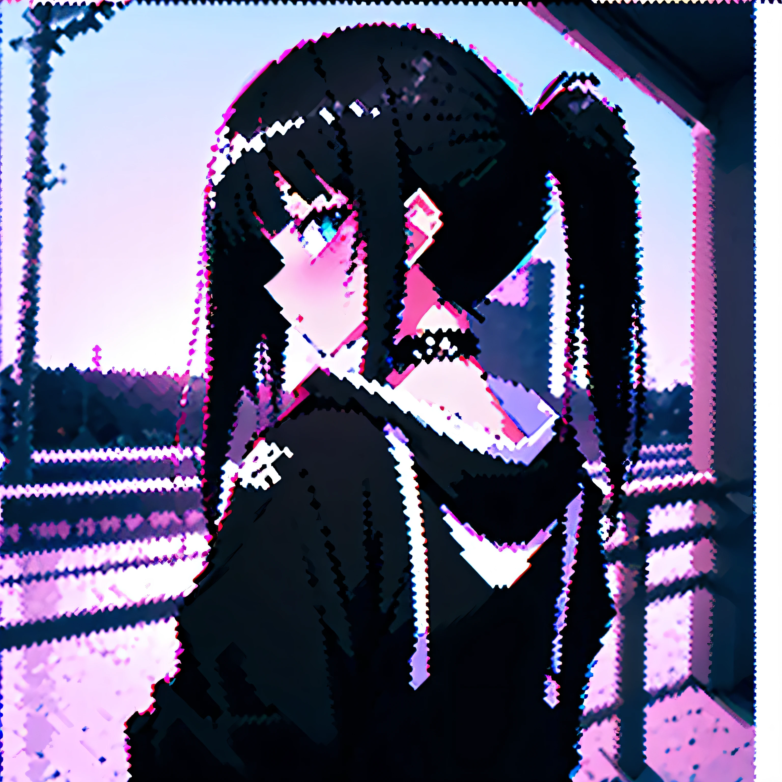 black and white picture, Anime girl from behind, hoodie, 8 Bit