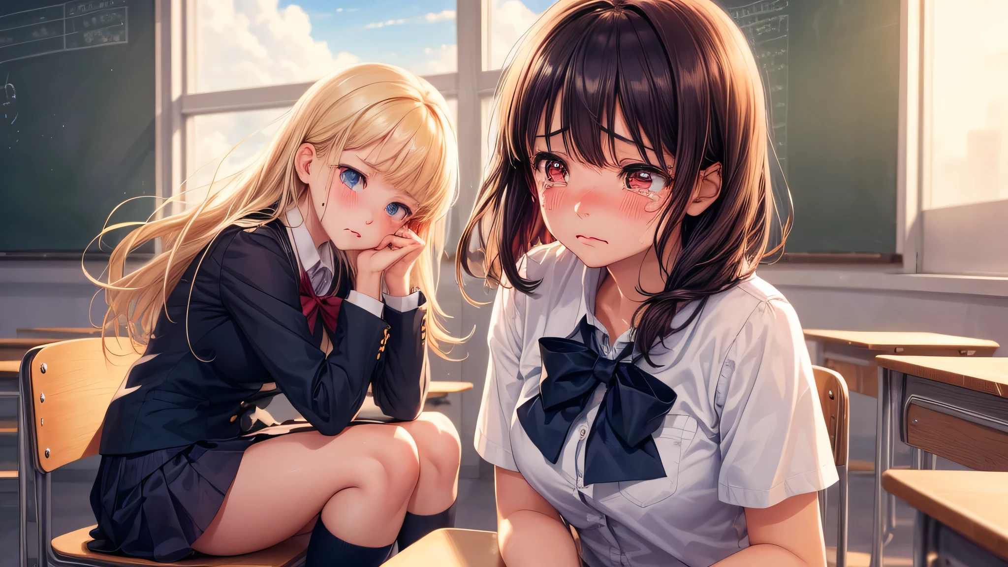 (2 girls:1.2), cute face, (school uniform, mini skirt:1.2), (highest quality: 1.4), (Super detailed), (highest quality:1.4), (super detailed), School, classroom, blackboard, window, Day光, cherry blossoms, Sunny, cloud, Day, blue sky, (anime illustration), very high resolution, (Are crying, tears in my eyes, shed tears, blush, sad expression:1.2),