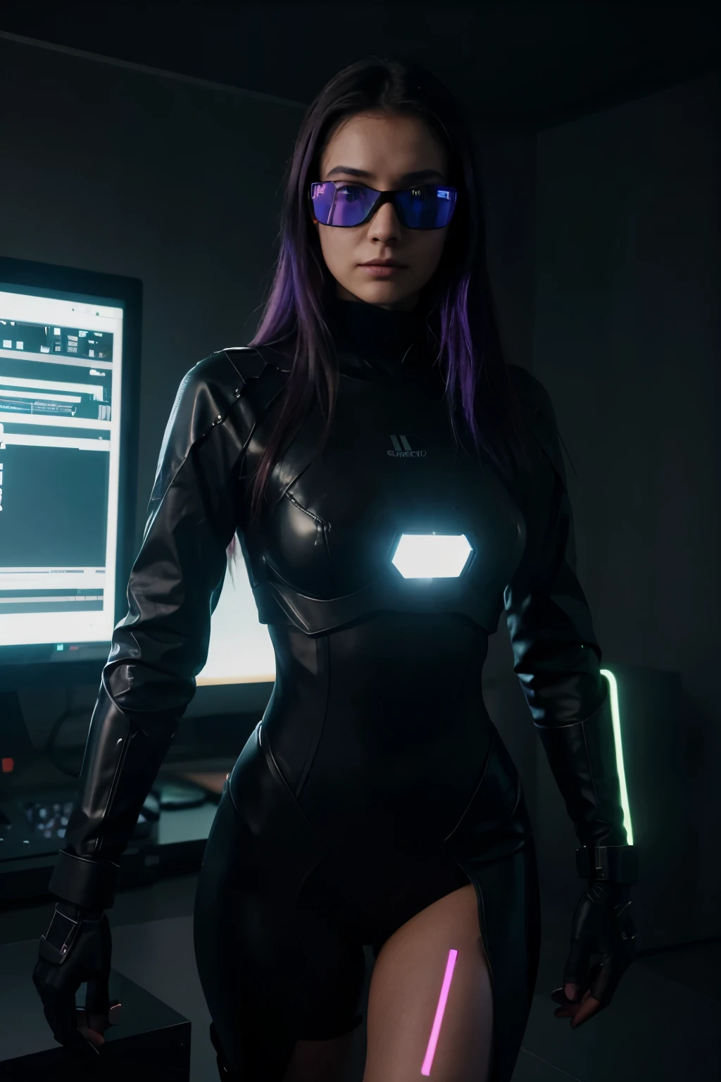 In a dystopian world where technology reigns supreme, a cena se desenrola em um quarto escuro e futurista, iluminado apenas pelo brilho pulsante de luzes neon. No centro do quarto, an enigmatic hacker, wearing a black leather coat and augmented reality glasses, is immersed in his work, surrounded by holographic displays that display lines of code and data patterns. His face is partially hidden by the shadows, aumentando seu ar misterioso e sinistro.
Ao lado do hacker, uma guerreira ninja, dressed in a futuristic costume and equipped with advanced technological weapons, is ready for battle. Your posture is determined, e seus olhos brilham com uma intensidade feroz enquanto ela se prepara para proteger o hacker a todo custo.
The room itself is a technological work of art, with walls lined with pulsating electronic circuits and cybernetic devices. The environment is filled with electric fog, criando uma atmosfera surreal e eletrizante.
As cores neon claras dominam a cena, com tons de azul, purple and green glowing brightly in contrast to the surrounding darkness. Every detail is accurately rendered in 8K ultra HD resolution, creating a stunning and immersive image that transports the viewer into this dystopian cyberpunk world.