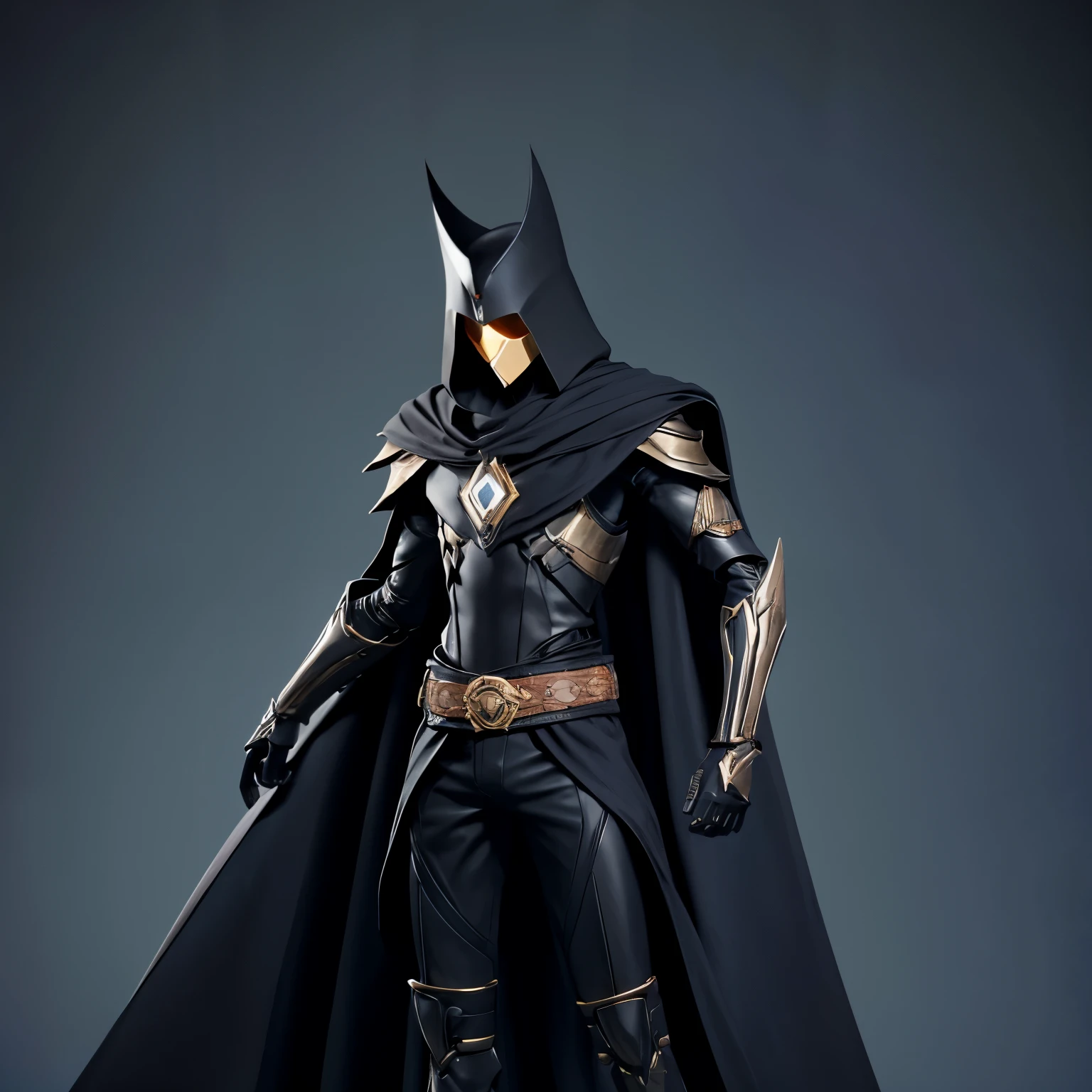 Thin, tall, spindly humanoid robot with clawed hands and segmented limbs. He wears a large belt and very long cape with an over exaggerated brim. His head is an obsidian black cube always facing at a point. The chest has a large “Q” on the front and his colors are black, dark grey, and mauve.