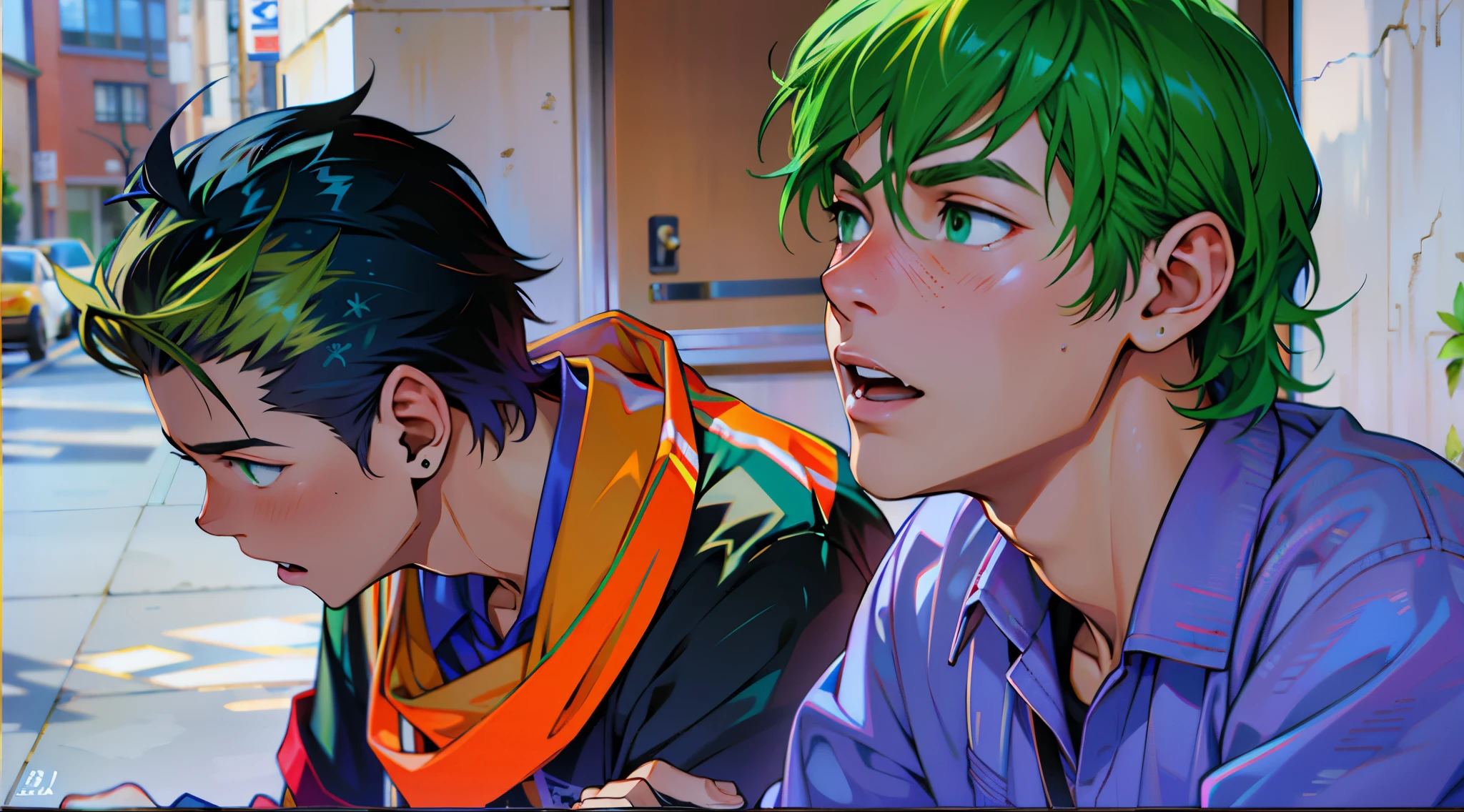 There are two boys sitting at school. They are 16 years old. Green hair. Green eyes. The boy sees someone approaching.