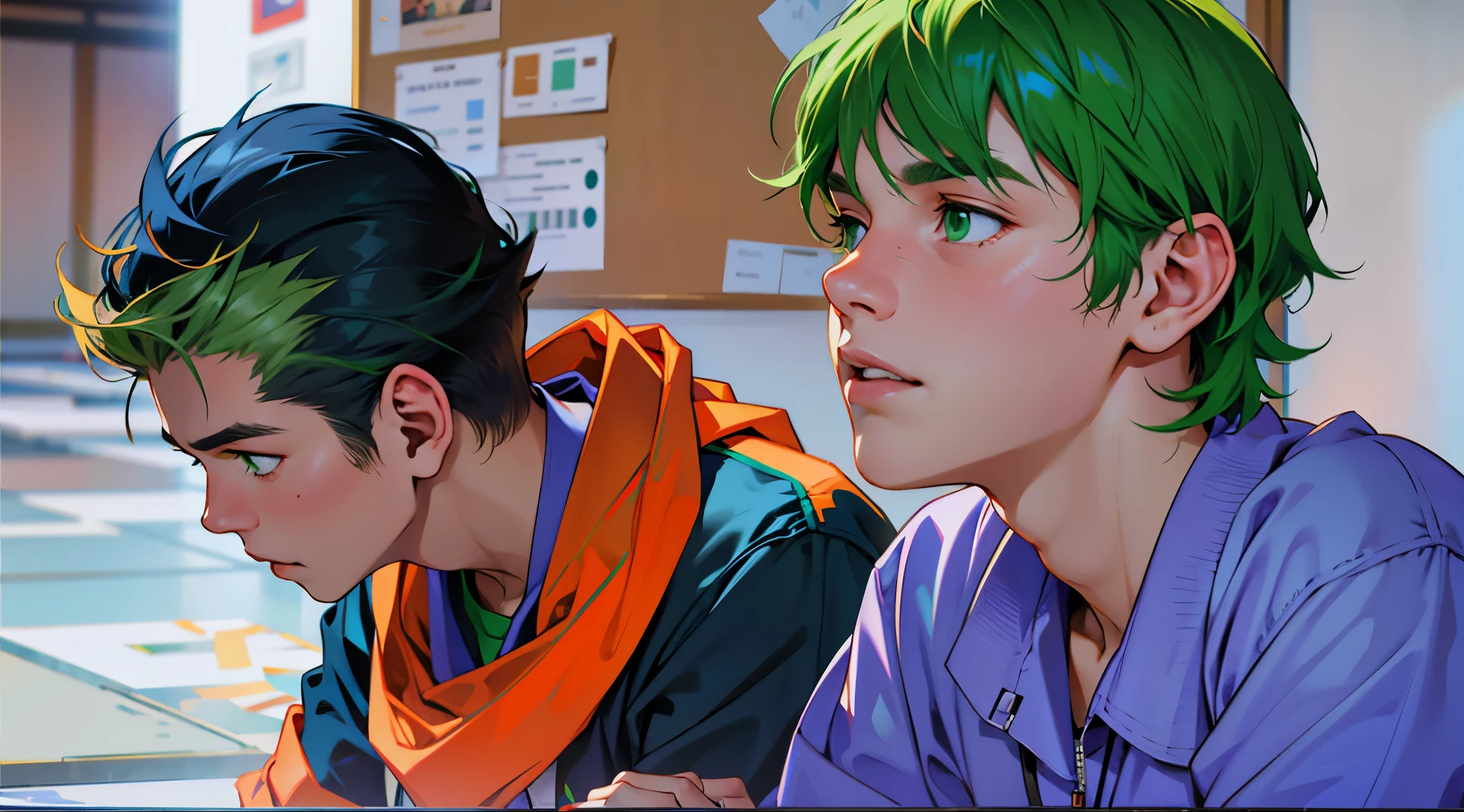 There are two boys sitting at school. They are 16 years old. Green hair. Green eyes. The boy sees someone approaching.