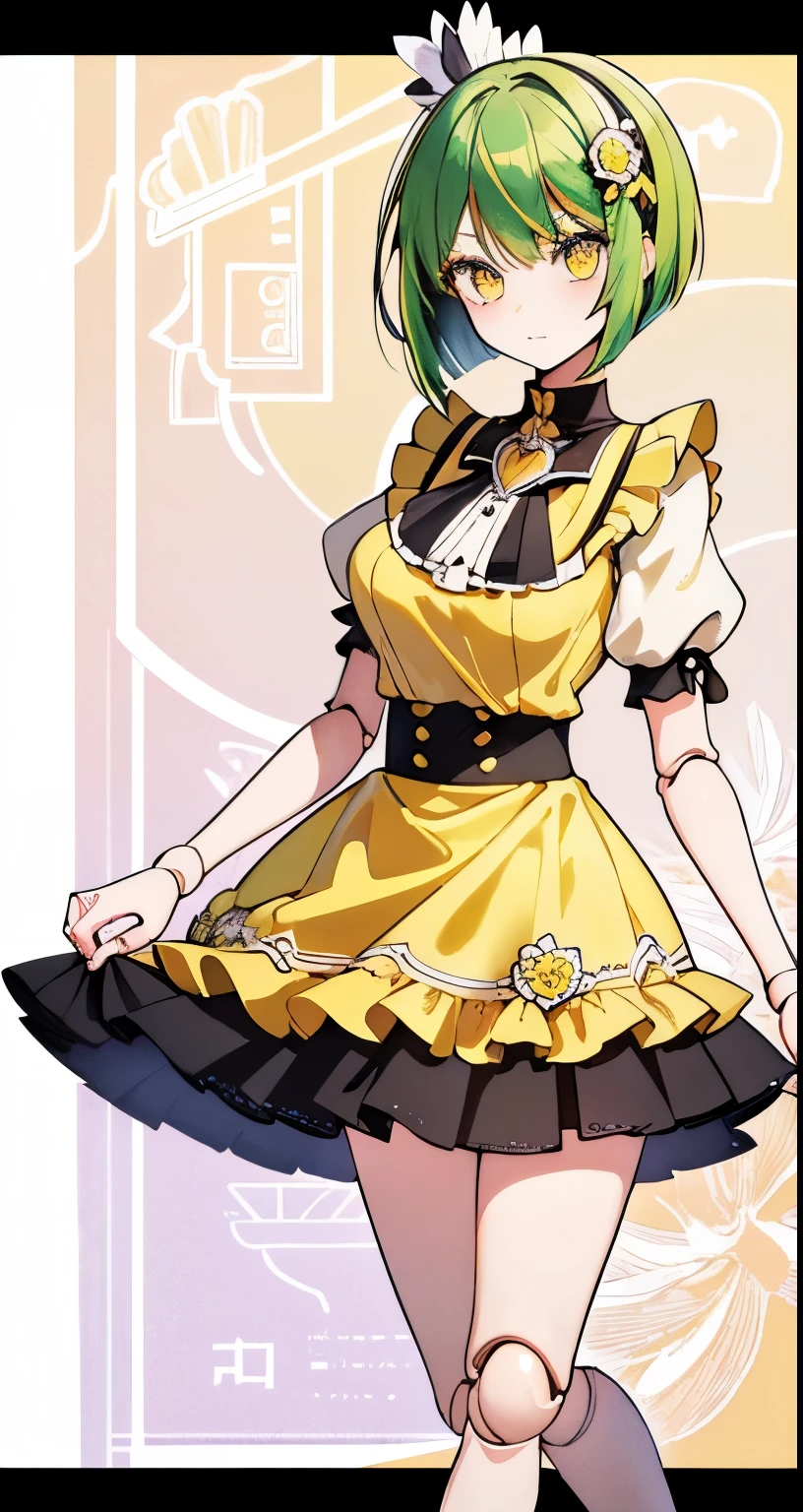 ((Beautiful Beautiful Girl)),(yellow cute eyes), 1  and slender woman, degree々big breasts, ((yellow green color hair)),((bread Bob Hair)),In 8K, top quality, (highly detailed head: 1.0), (very detailed face: 1.0), (highly detailed hair: 1.0),((Gothic ta Short Sleeve Mini Skirt One Piece Costume)), Detailed official artwork, clean detailed anime art,((A cheeky young lady face)),((Doll joints))