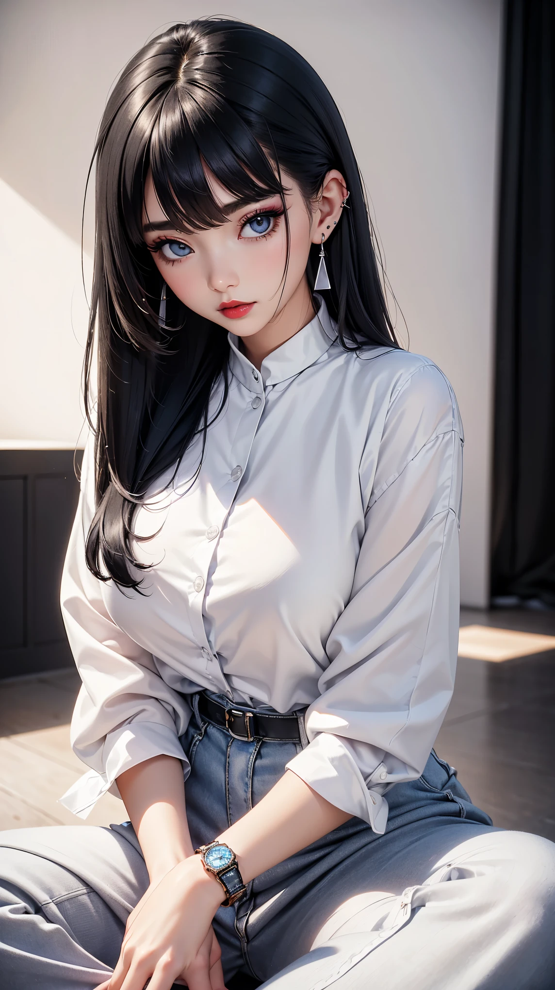 top-quality、Top image quality、masterpiece、Teenage girl((White shirt、Long black trousers、18year old、 Ager、Best Bust、big bast,Black eyes, blue hairs、A slender,Large valleys、red lipstick makeup、Cute earrings、silver watch、all-fours、Sit up、Eyeshadow that colors your eyes with a fascinating pose)),hiquality、Beautiful Art、Background with((white walls、Photography Studio))masterpiece、depth of fields,Camera Film Style