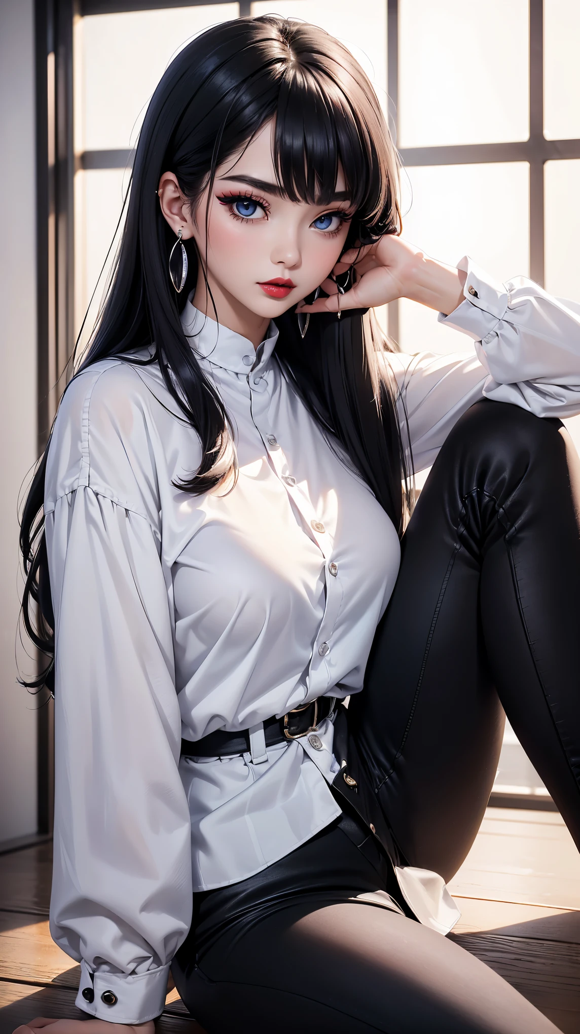 top-quality、Top image quality、masterpiece、 girl((White shirt、Long black trousers、18year old、 Ager、Best Bust、big bast,Black eyes, blue hairs、A slender,Large valleys、red lipstick makeup、Cute earrings、silver watch、all-fours、Sit up、Eyeshadow that colors your eyes with a fascinating pose)),hiquality、Beautiful Art、Background with((white walls、Photography Studio))masterpiece、depth of fields,Camera Film Style