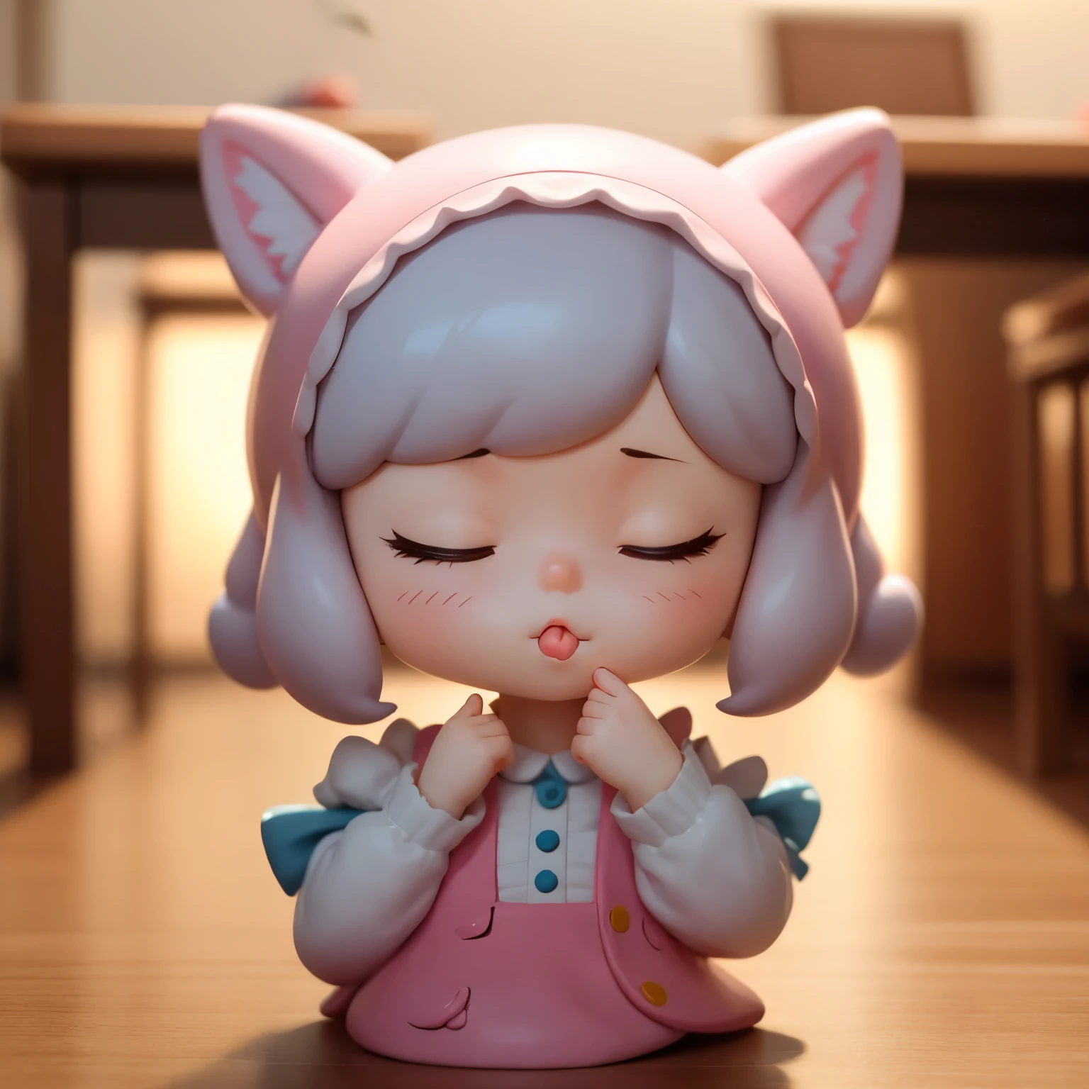 blindbox, Cute girl practicing kissing face for role, closing both eyes