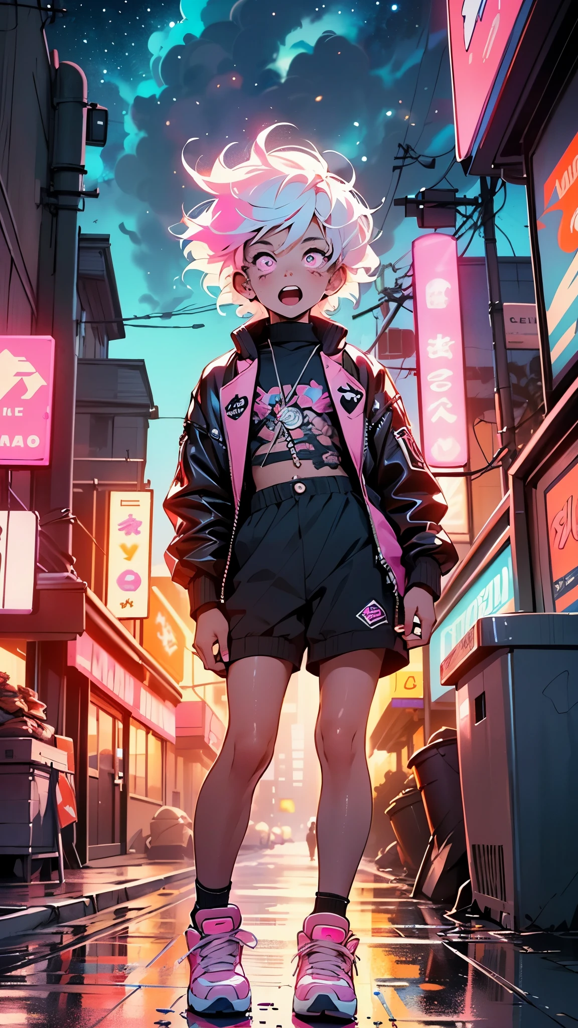 (1:1.3),(1boy:1.5),15-year-old,teenager,femboy,Libido boy,Female physiognomy,
little boy,(((little boy,boy,kid,kid only,,1boy,(male gender:1)))),
pink hair,short detailed hair,(((neon_pink_eyes:1.3))),intricate eyes,beautiful detailed eyes,symmetrical eyes,big eyes:1.5,'s chest,((kid body,a little chubby,good anatomy,accurate body proportions,detailed shota body for young boy,perfect anatomy))),
serious and thoughtful man,(nsfw),
flat chest,((fat)),(((lustrous skin:1.5,bright skin: 1.5,skin tanned,shiny skin,very shiny skin,shiny body,plastic glitter skin,exaggerated shiny skin,illuminated skin,wet legs))),(detailed body),
collar around his neck,The collar is attached to a thick dog leash,(tiny bulge on pants),Sweatshirt,revealing clothing,show skin,(micro clothes,rave fashion,visible thong straps,accessories LED),((underpants strap)),((wet clothes,intricate outfit,intricate clothes)),
(dynamic pose:1.0),solo focus,(embarrassed,open mouth),(centered,scale to fit dimensions,Rule of thirds),
cyberpunk city by the ocean at night, with bright neon signs and dark stormy clouds and puddles, scenery:1.25,nighttime, starry night, cosmos,Very dark night that makes the neon lights stand out, very bright neon lights,nighttime, starry night, cosmos,
artistic photography,(photography taken by sldr),highres, sharp focus,(ultra detailed, extremely detailed), (photorealistic artwork:1.37),(extremely detailed CG unity 8k wallpaper),((synthwave background theme)),(((vibrant colors))),intricate,(intricate background),(masterpiece),(best quality),perfect rendered face,perfect face details,realistic face,photo realistic,analog style,((intricate detail)),(((realism))),
