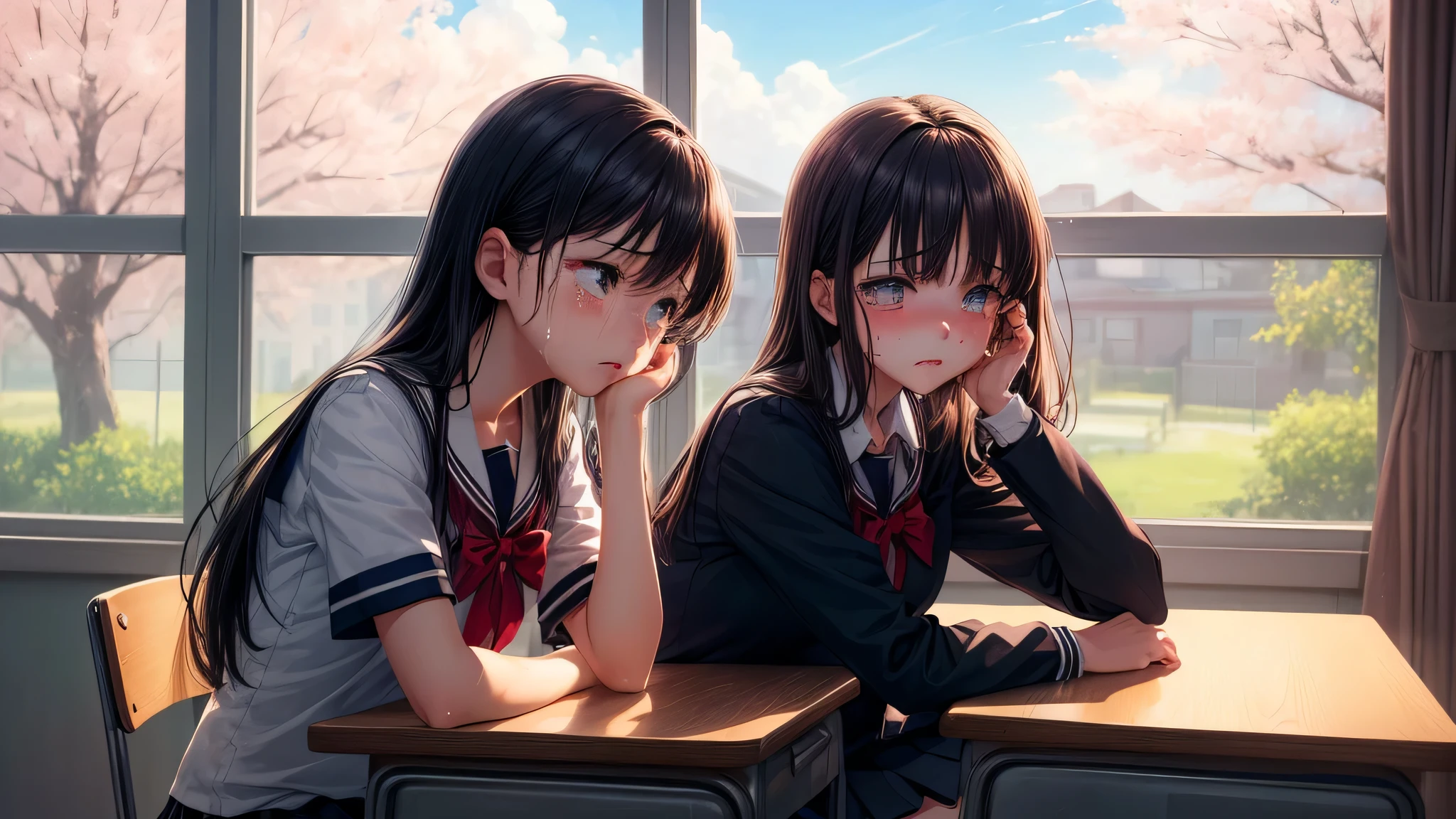 (2 girls:1.2), (school uniform, mini skirt:1.2), (highest quality: 1.4), (Super detailed), (highest quality:1.4), (super detailed), School, classroom, window, Day光, cherry blossoms, Sunny, cloud, Day, blue sky, (anime illustration), very high resolution, (Are crying, tears in my eyes, shed tears, blush, sad expression:1.2),