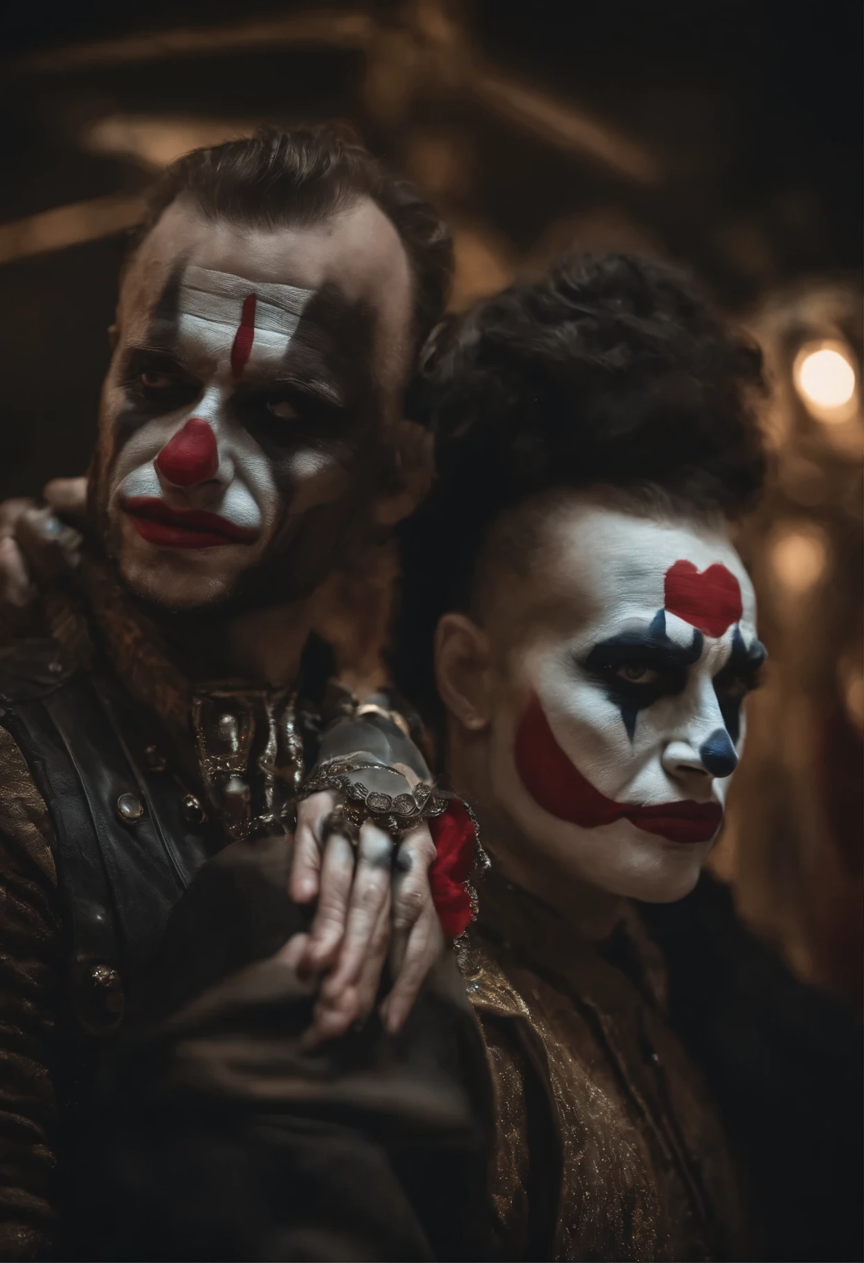 ring of a cyberpunk circus, it is an atmosphere of luxury and spectacle, there are beautifull ciber clowns, two punk ciber clown beautifull couple in sexual attitude, man and woman