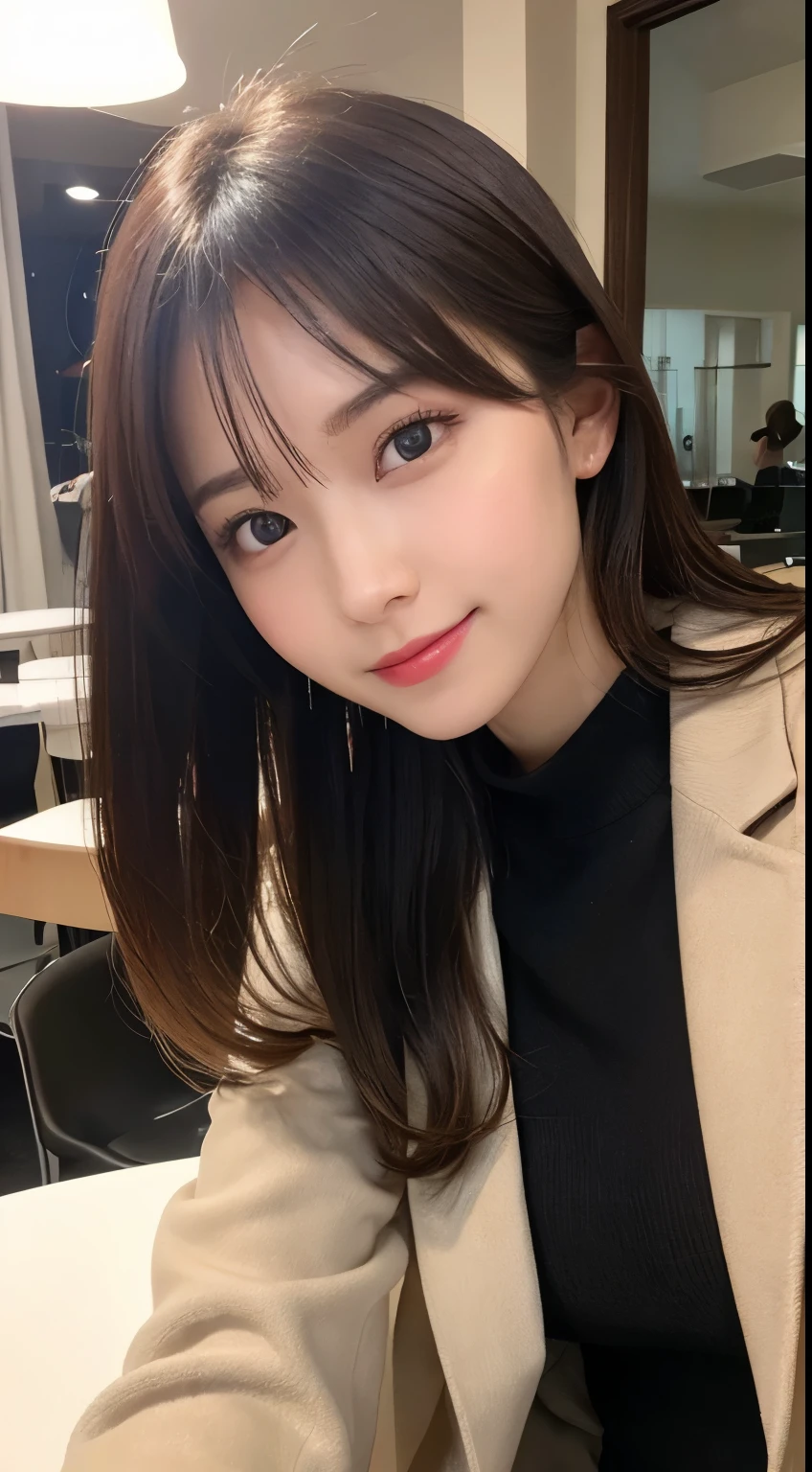 table top, highest quality, shape, Super detailed, finely, High resolution, 8k wallpaper, 完璧なダイナミックな構shape, beautiful and detailed eyes, tokyo trend冬ファッション,tokyo trend＆Introducing cute hairstyles at random, small breasts, natural color lip, random sexy pose,cute smile、20 year old girl、beautiful and detailed face、perfect and beautiful face,Big eyes、wear a black luxury mink coat（long sleeve dress）、beautiful and detailed face、perfect and beautiful double eyelids、blur the background、perfect and beautiful face、bright look、Beautiful straight hair、Take a photo from the angle of the legs to the face.