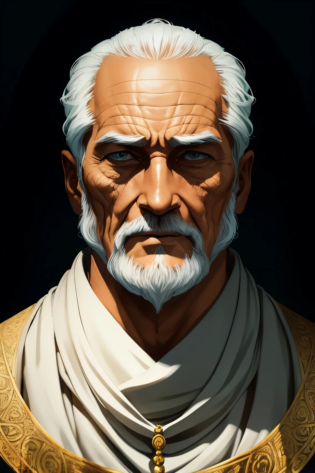 A captivating digital illustration showcasing the enigmatic face of the Master of the Magi, with a focus on intricately textured and expressive details. His eyes are the focal point, radiant with the wisdom of ages and the undeniable authority of a spiritual leader. The wrinkles and folds around his eyes add depth and character to the illustration.

Advanced shading techniques are employed to add dimensionality, enhancing the illusion of volume and form on the Master's face. Luminous highlights and subtle shadows playfully interact with the strong chiseled features of the character, bringing the illustration to life.

The lighting in the scene is carefully composed to