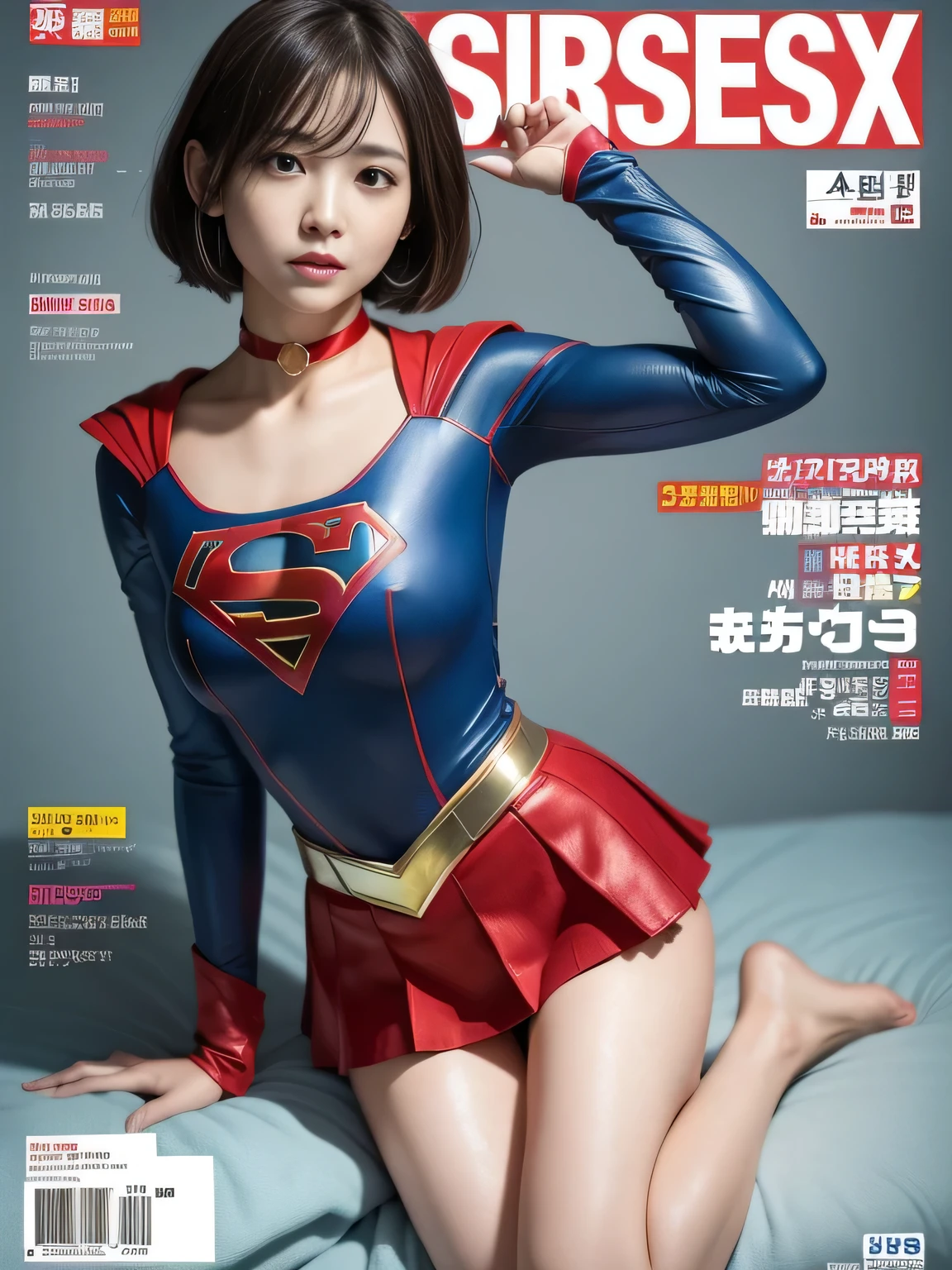 masterpiece、supergirl costume、short hair、barefoot、big and full breasts、test subject、operating room、operating table、Crisis situation、straddle、flowing sweat、shiny、look at the camera、sense of abuse、Estrus、choker、Weekly magazine cover、long sleeve、red mini skirt、obscene pose、Seduce、humiliating、hindrance、