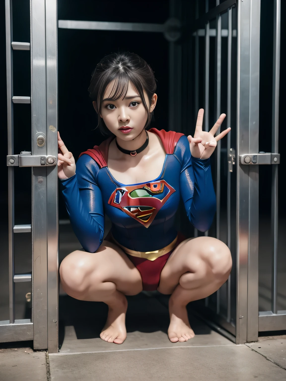 masterpiece、supergirl costume、short hair、barefoot、big and full breasts、Crisis situation、Complete surrender、prison、in a cage、sense of abuse、kneel down、sweaty、shiny、looking at camera、Seduce、choker、long sleeve、red sexy pose、POW camps、humiliating、