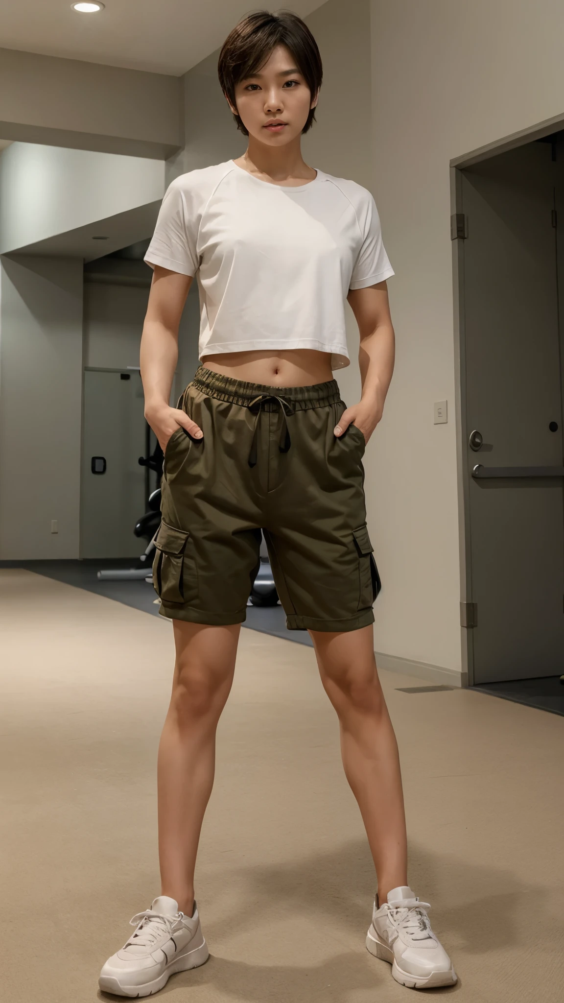A crossdressing muscular short haired Korean woman wearing man's loose t-shirt, cargo pants, and sneakers standing masculinely in the gym with fierce expression, her Body is facing to the camera.