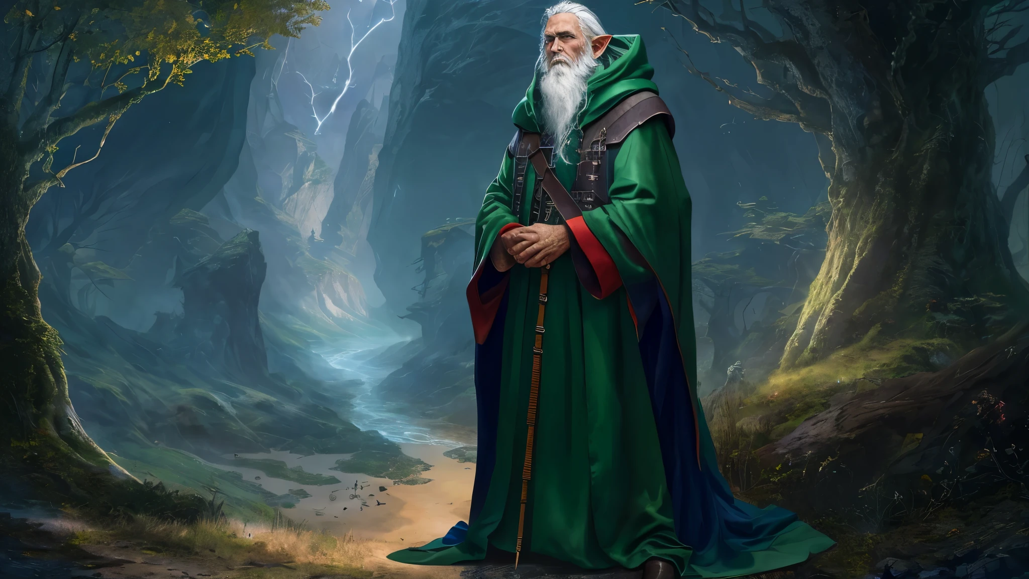 (master piece), 8k, best quality, panoramic view, book illustration, hooded, Elf, old man, male, wizard, big white beard, pointy ears, blue eyes. Standing 1.60 meters tall, wearing a dark green robe, a leather belt and a magic bag,