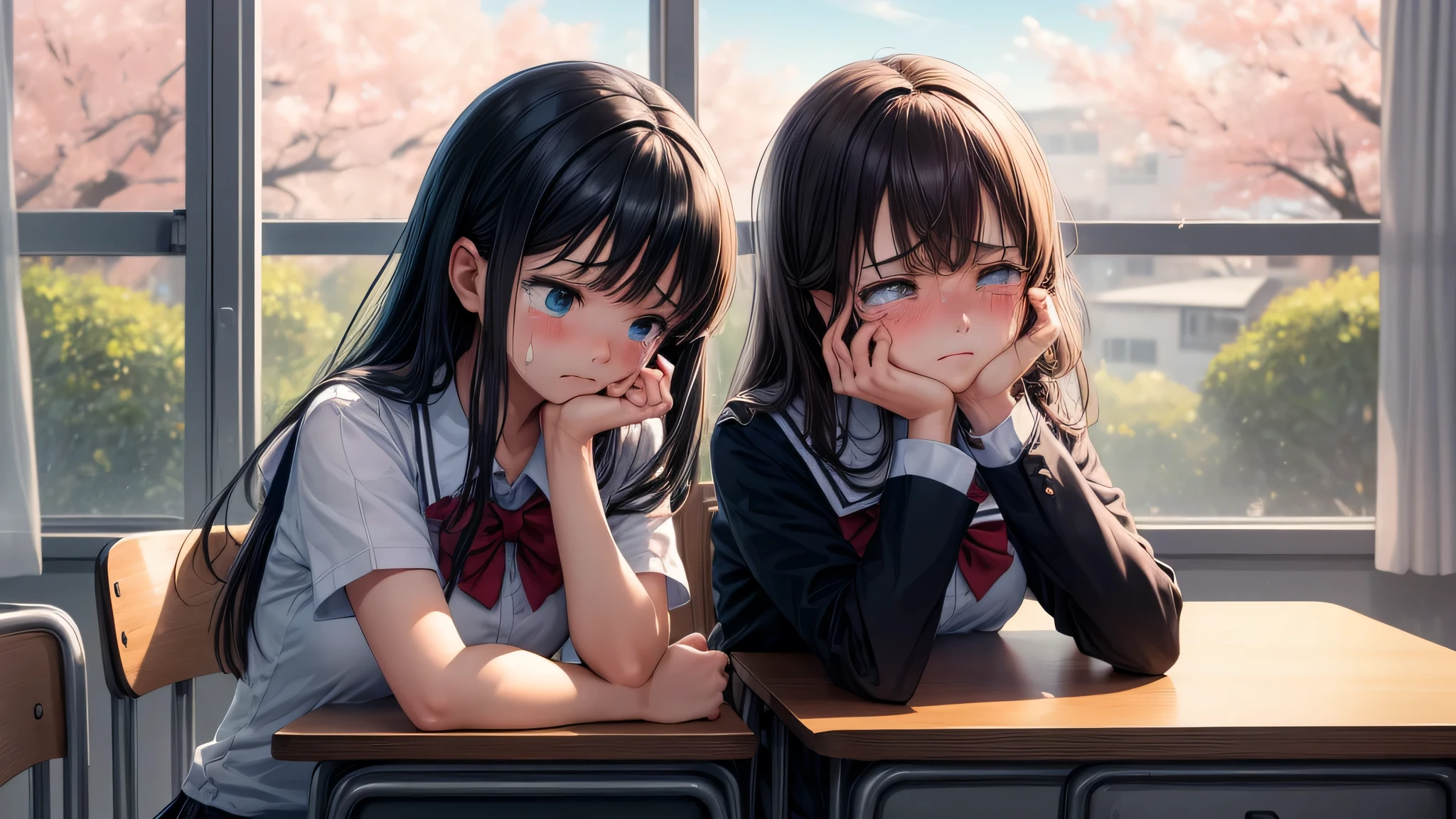 (2 girls:1.2), cute face, (school uniform, mini skirt:1.2), (highest quality: 1.4), (Super detailed), (highest quality:1.4), (super detailed), School, classroom, machine, Chair, blackboard, window, Day光, cherry blossoms, Sunny, cloud, Day, blue sky, (anime illustration), very high resolution, (Upper body), (Are crying, tears in my eyes, shed tears, blush, sad expression:1.2), machine