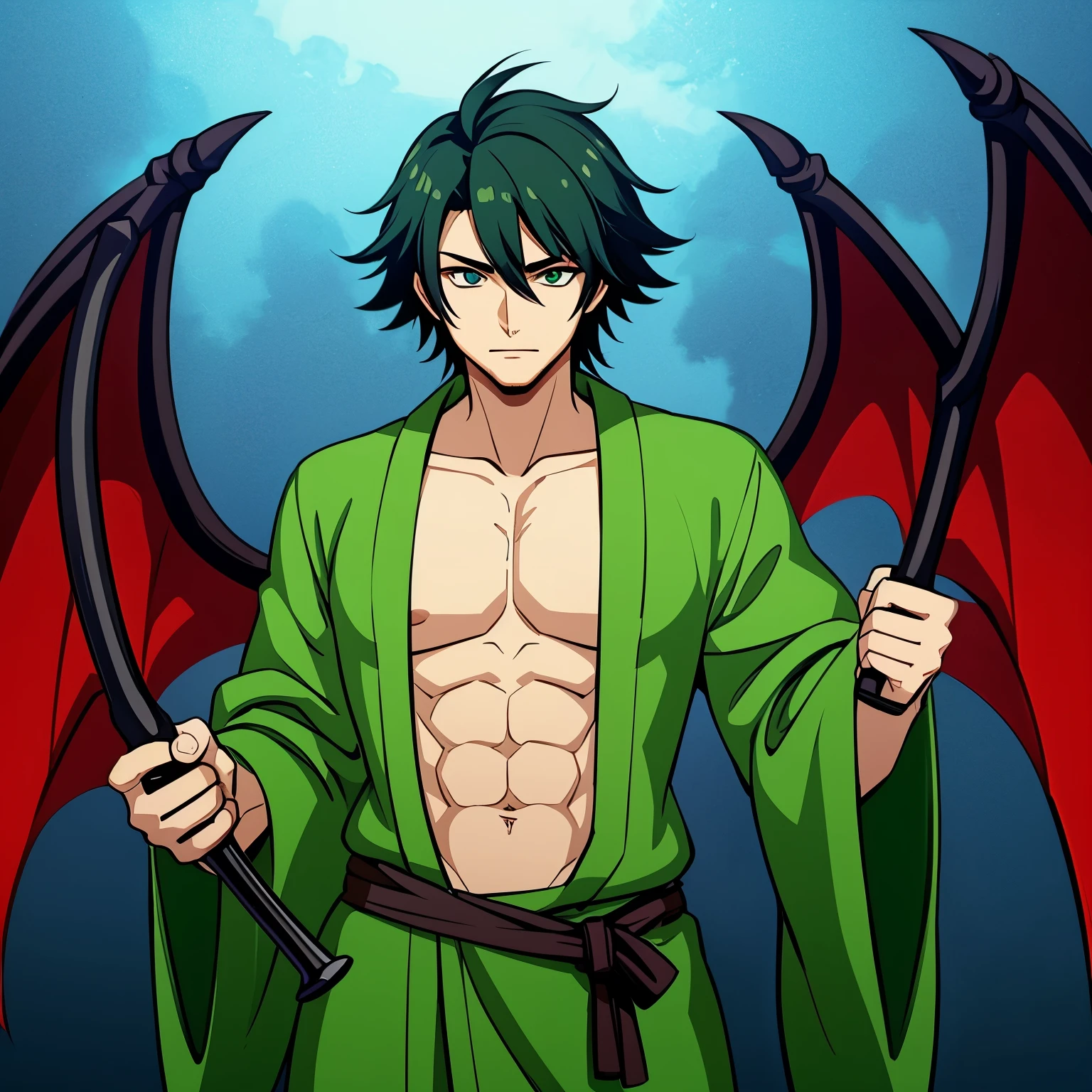 A man in a green kimono with his breasts exposed holding a fire dagger in his right hand and in his left hand a water dagger in the demon slayer style